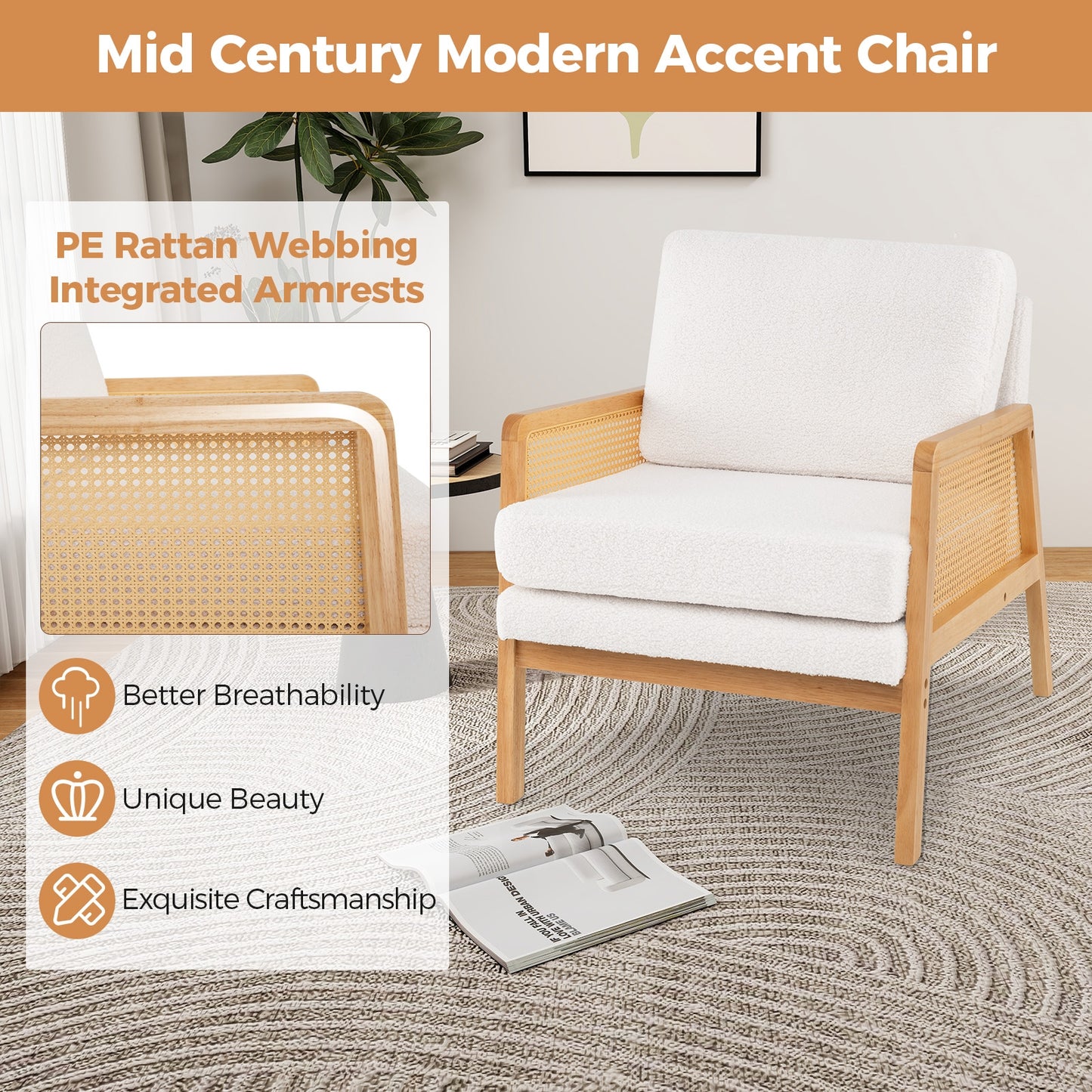 Modern Accent Chair with PE Rattan Armrests and Plush Sherpa Cushion in Natural Wood