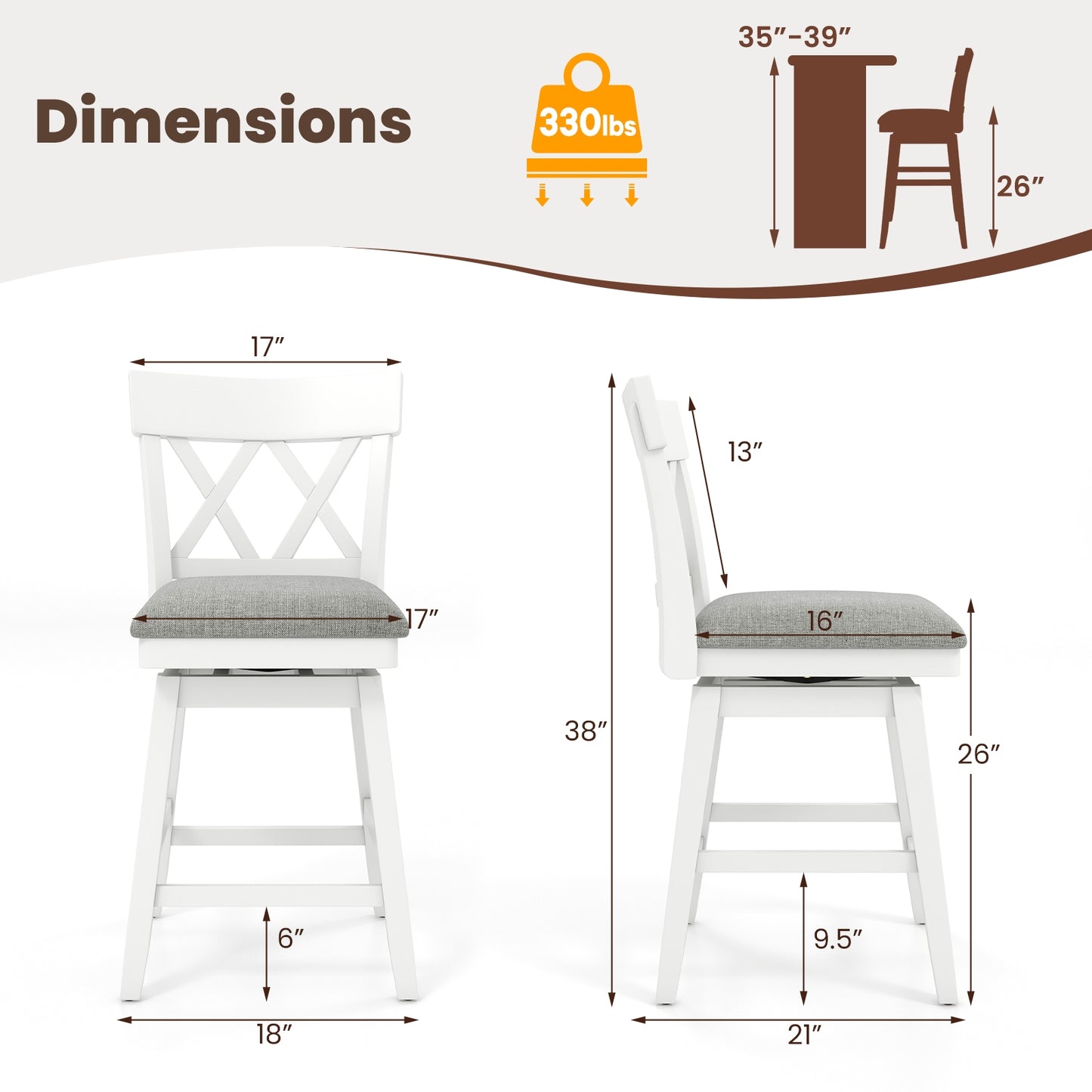 Swivel Bar Stool with Padded Seat and Ergonomic Backrest for Kitchen or Dining Space White 26 Inch