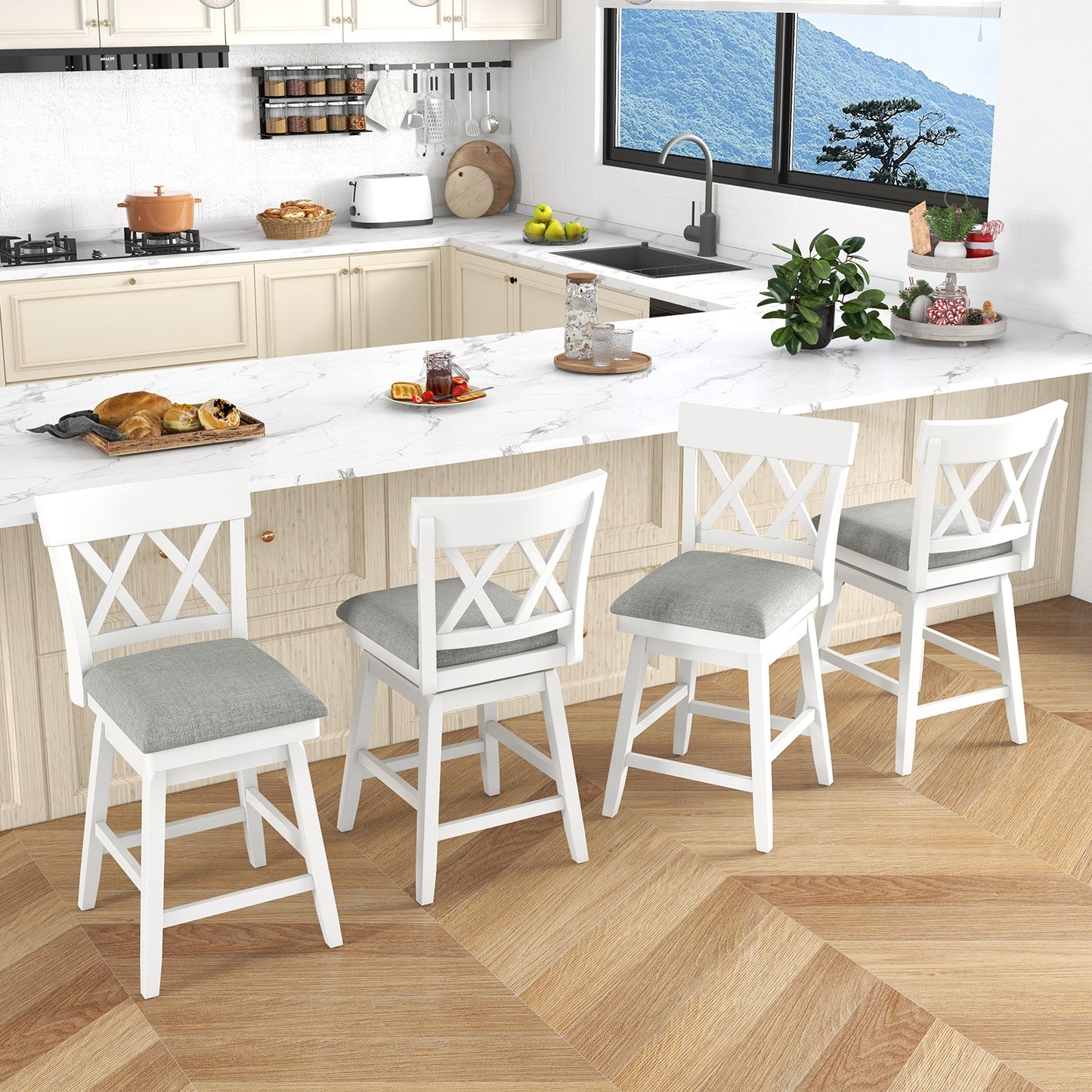 Swivel Bar Stool with Padded Seat and Ergonomic Backrest for Kitchen or Dining Space White 26 Inch