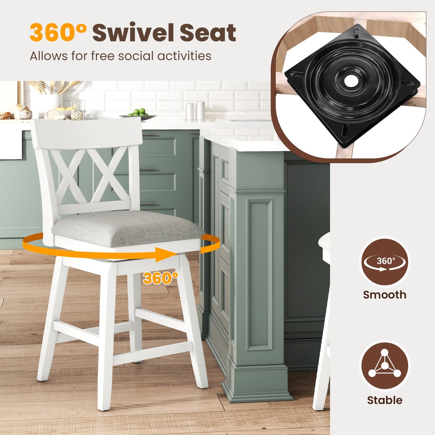 Swivel Bar Stool with Padded Seat and Ergonomic Backrest for Kitchen or Dining Space White 26 Inch