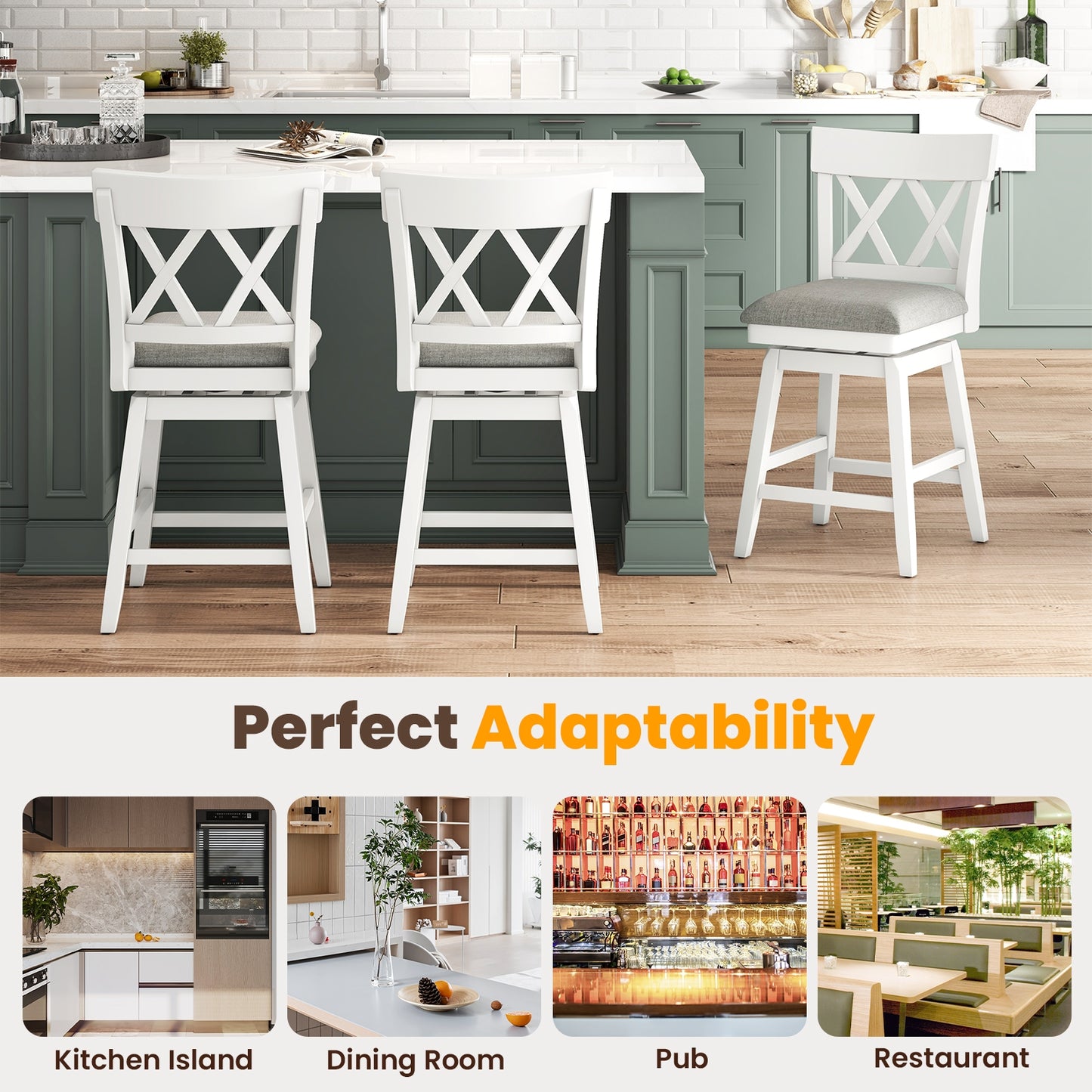 Swivel Bar Stool with Padded Seat and Ergonomic Backrest for Kitchen or Dining Space White 26 Inch