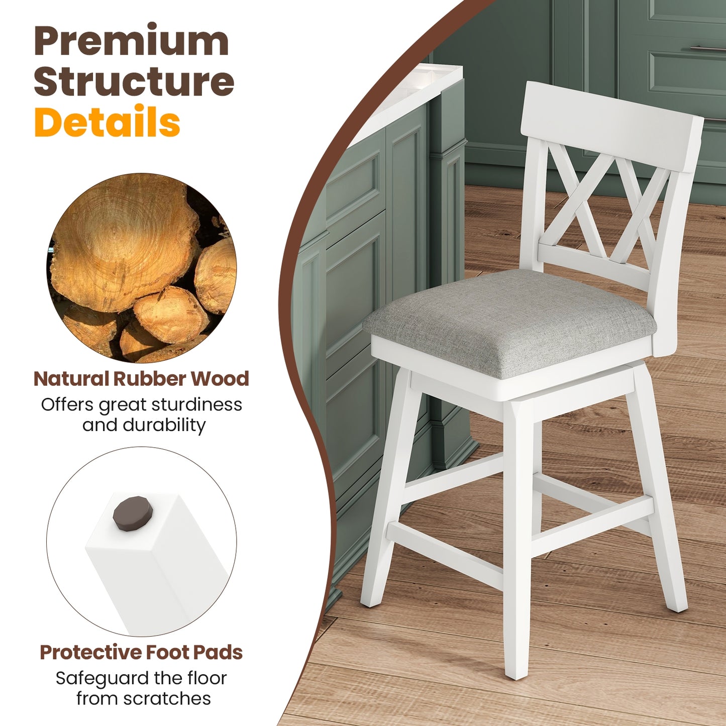 Swivel Bar Stool with Padded Seat and Ergonomic Backrest for Kitchen or Dining Space White 26 Inch