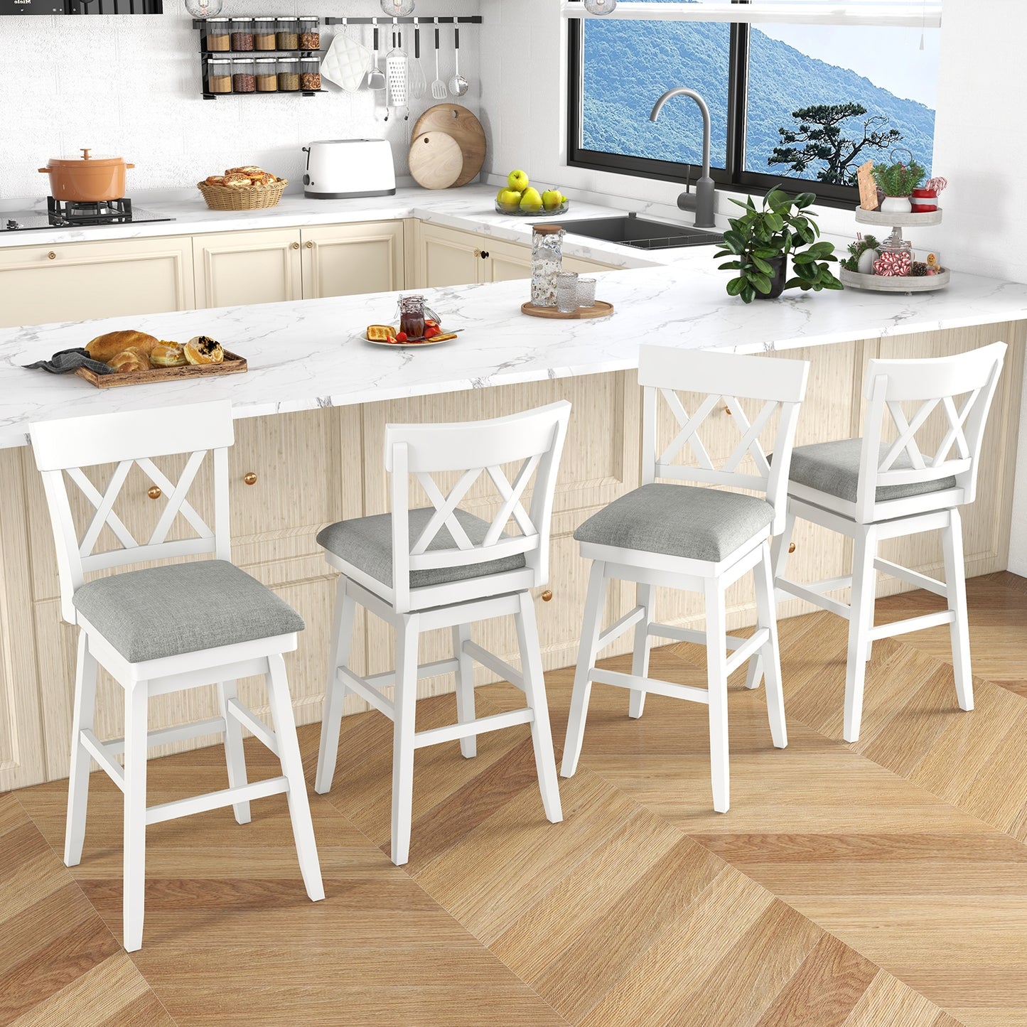 Swivel Bar Stool with Padded Seat and Ergonomic Backrest for Kitchen or Dining Space White 31 Inch