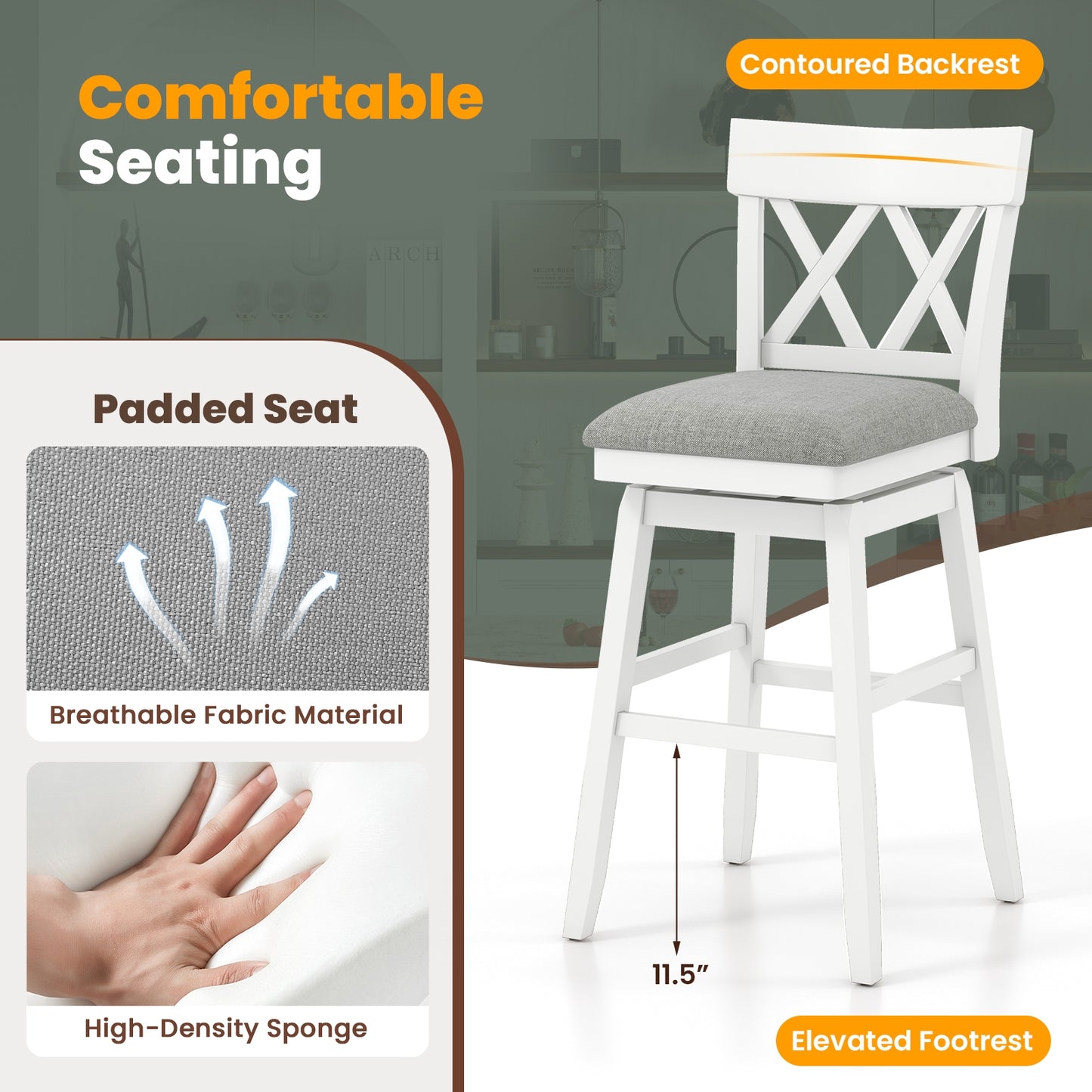Swivel Bar Stool with Padded Seat and Ergonomic Backrest for Kitchen or Dining Space White 31 Inch