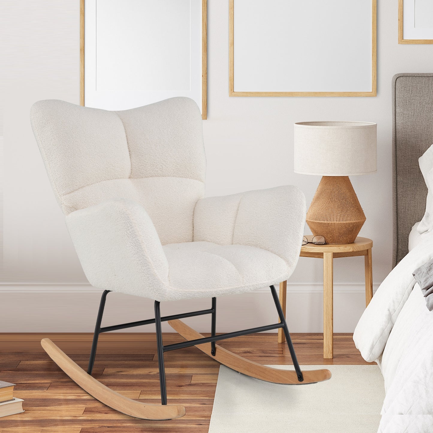 Cozy Teddy Fabric Nursery Rocking Chair with Supportive Backrest Armrests and Gentle Motion
