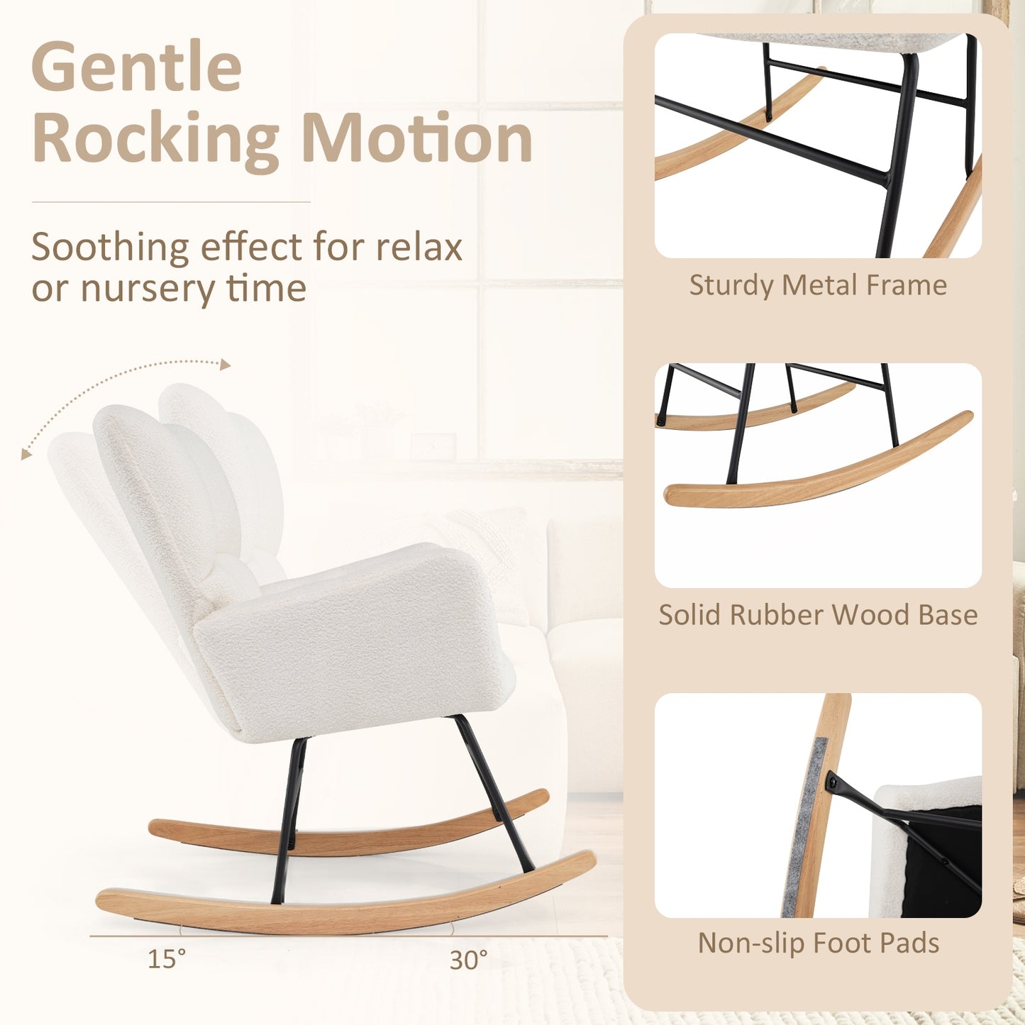 Cozy Teddy Fabric Nursery Rocking Chair with Supportive Backrest Armrests and Gentle Motion