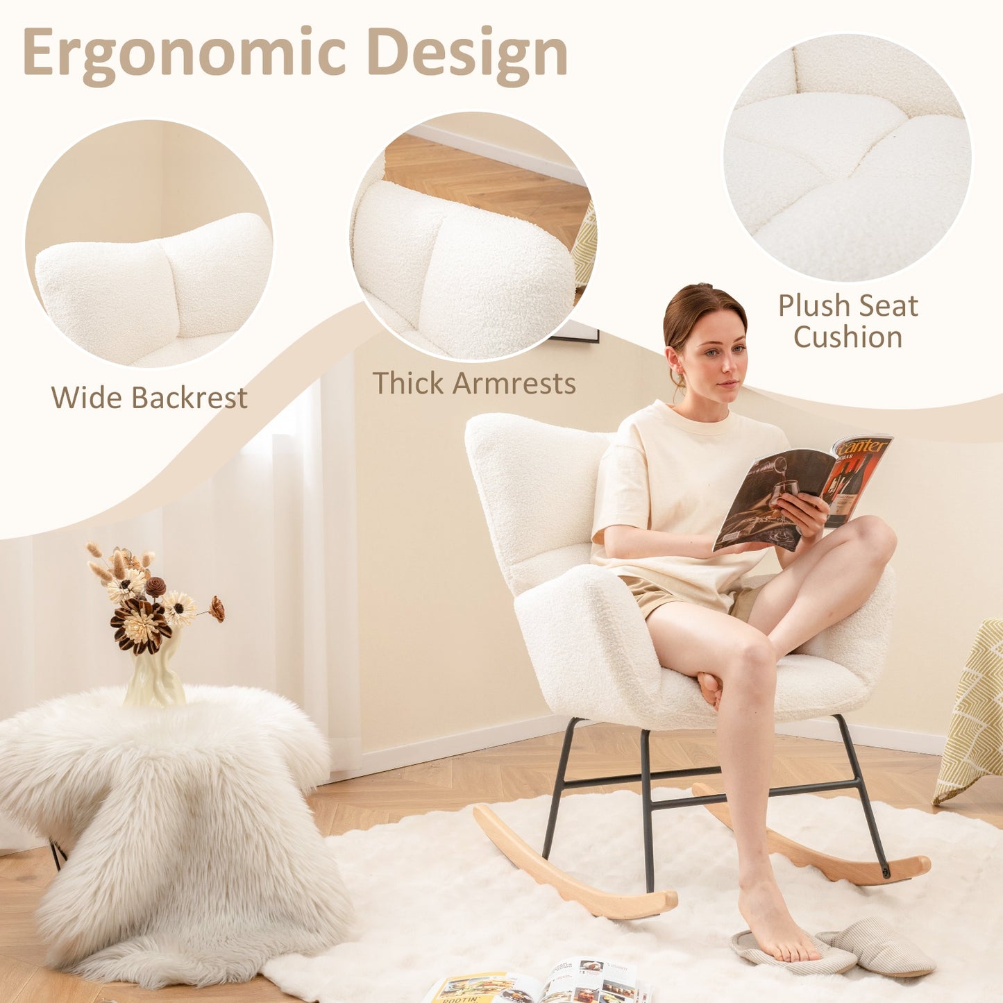 Cozy Teddy Fabric Nursery Rocking Chair with Supportive Backrest Armrests and Gentle Motion