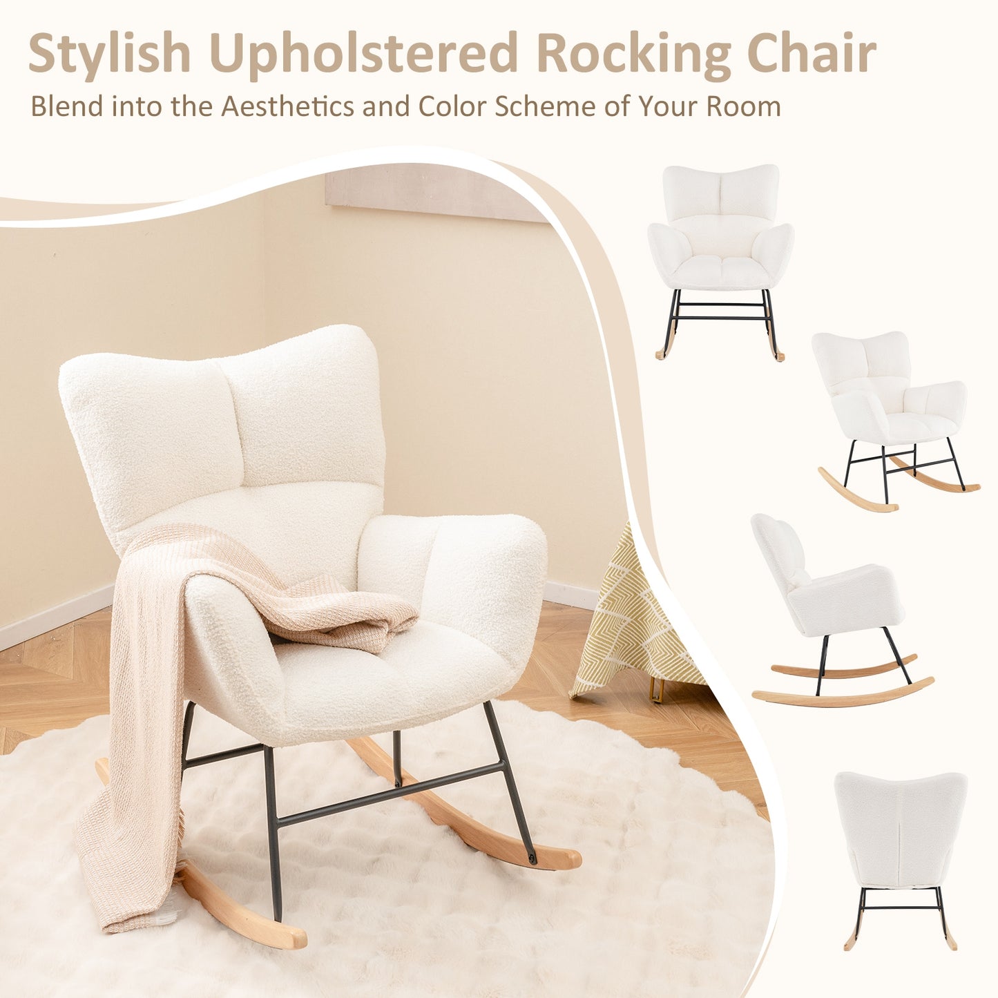 Cozy Teddy Fabric Nursery Rocking Chair with Supportive Backrest Armrests and Gentle Motion