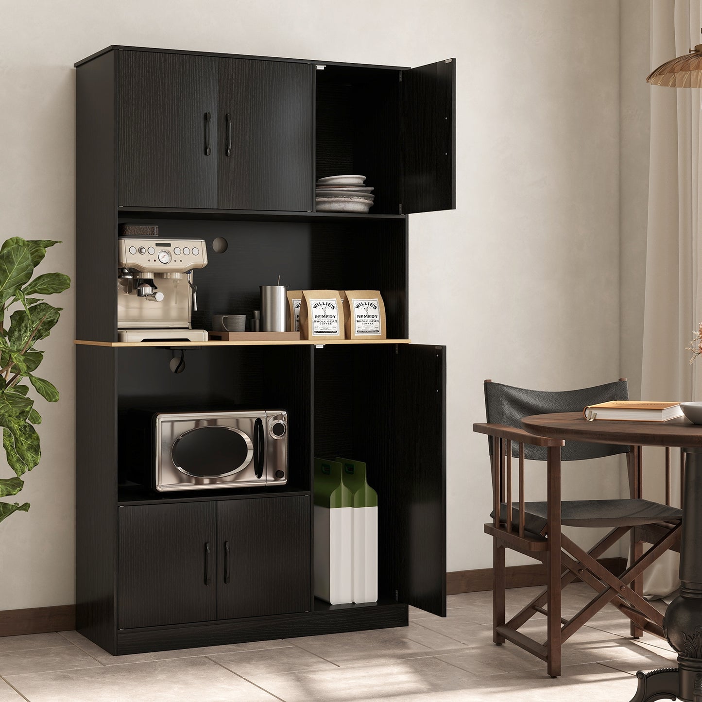 Tall Kitchen Pantry Cabinet with Charging Station and Storage Shelves Buffet Sideboard Cupboard 71 Inch