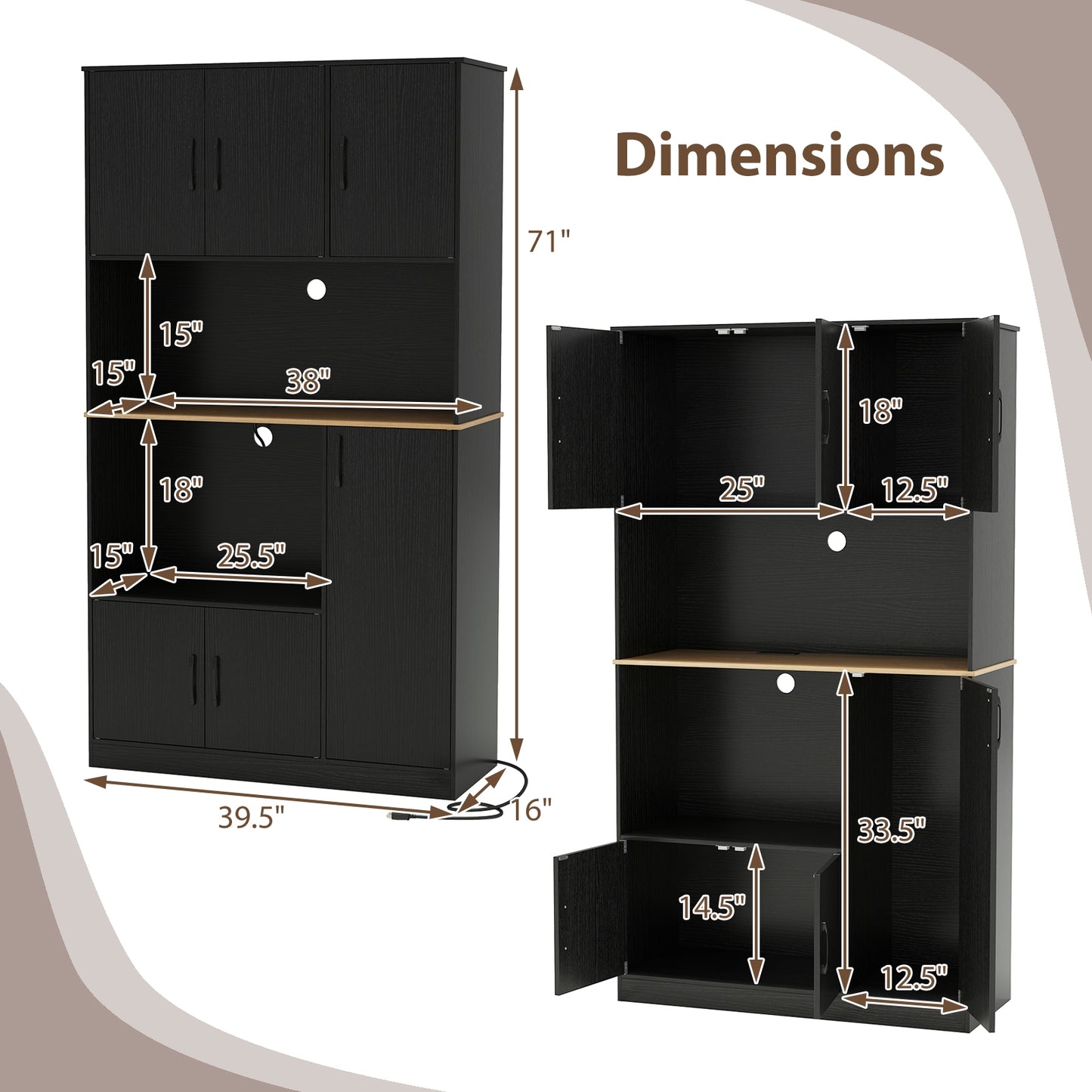 Tall Kitchen Pantry Cabinet with Charging Station and Storage Shelves Buffet Sideboard Cupboard 71 Inch