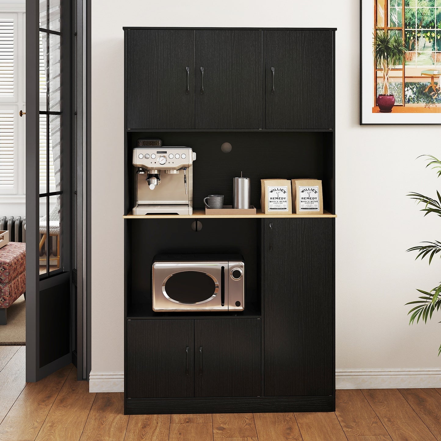 Tall Kitchen Pantry Cabinet with Charging Station and Storage Shelves Buffet Sideboard Cupboard 71 Inch