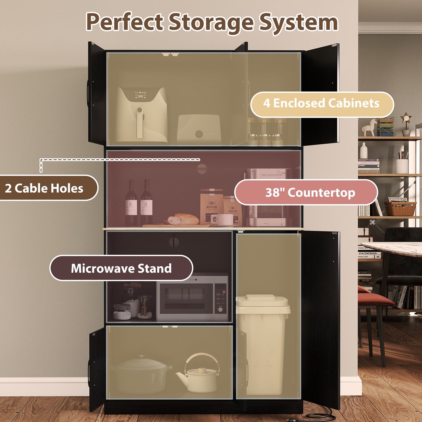 Tall Kitchen Pantry Cabinet with Charging Station and Storage Shelves Buffet Sideboard Cupboard 71 Inch