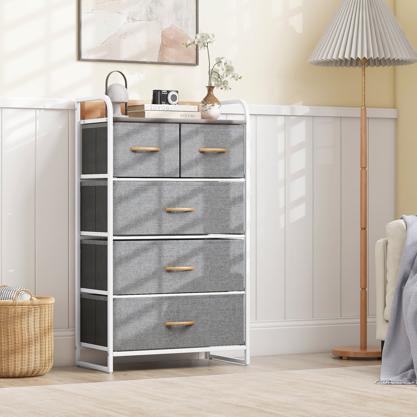 5 Drawer Fabric Dresser with Wooden Top and Steel Frame Storage Tower Grey