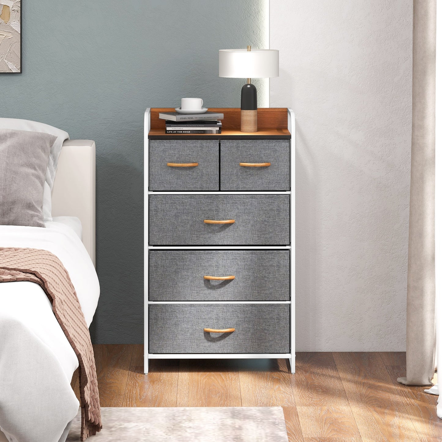 5 Drawer Fabric Dresser with Wooden Top and Steel Frame Storage Tower Grey