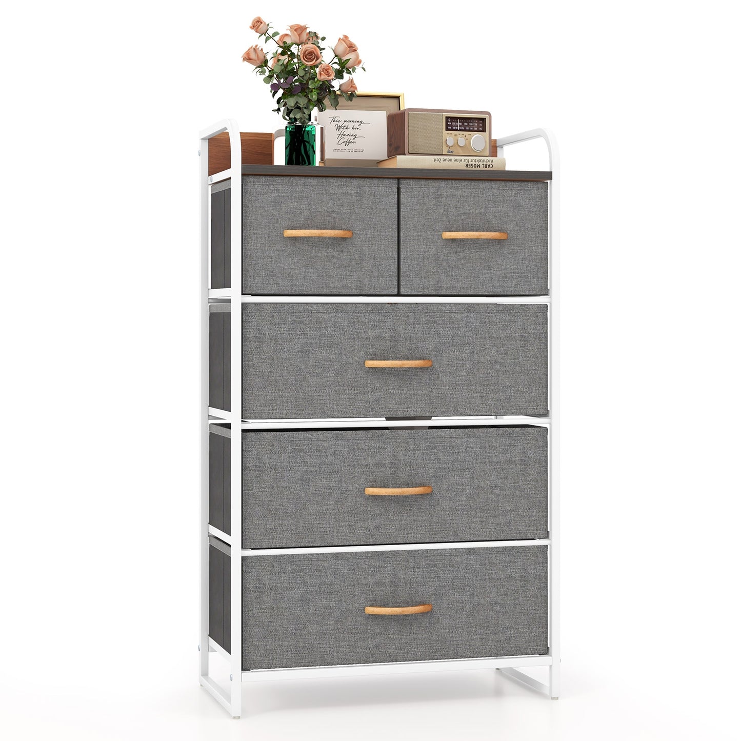 5 Drawer Fabric Dresser with Wooden Top and Steel Frame Storage Tower Grey