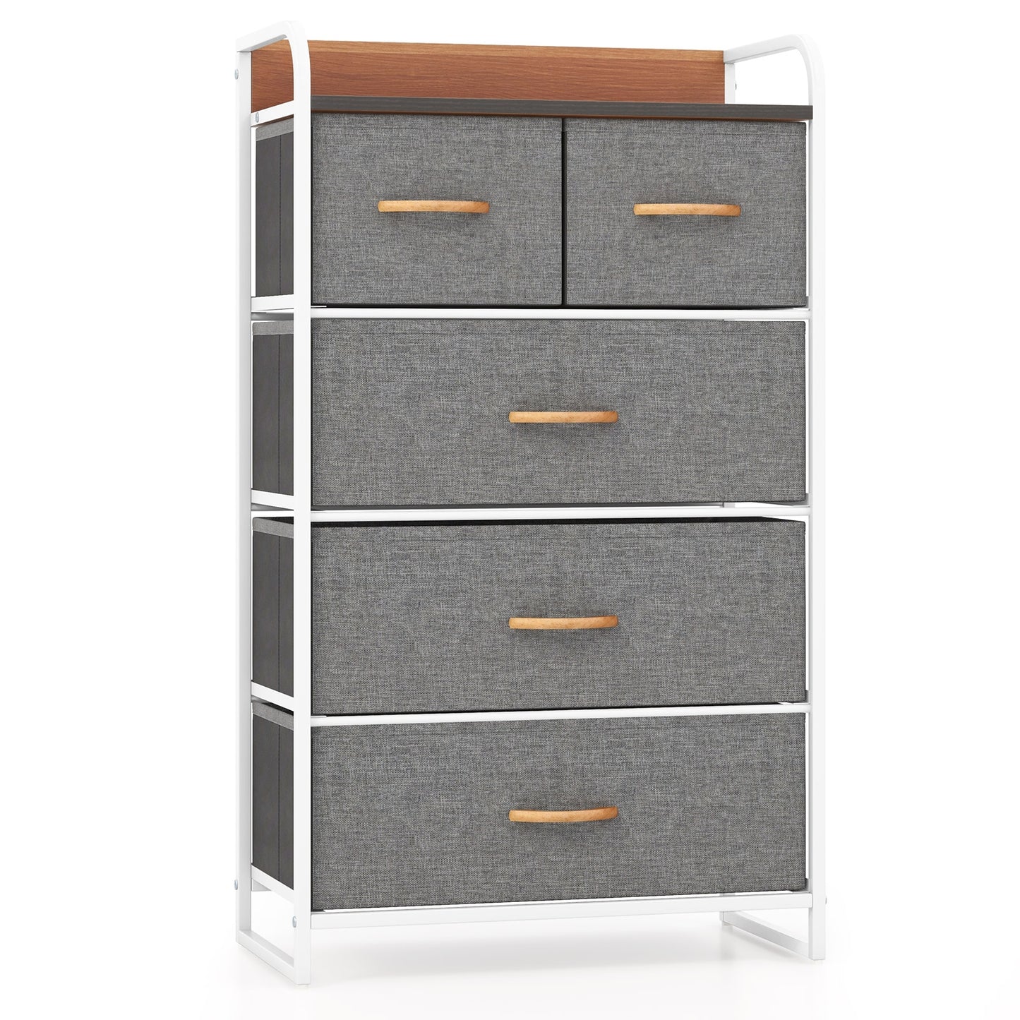 5 Drawer Fabric Dresser with Wooden Top and Steel Frame Storage Tower Grey