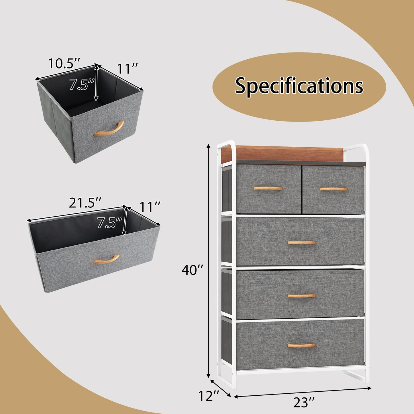 5 Drawer Fabric Dresser with Wooden Top and Steel Frame Storage Tower Grey