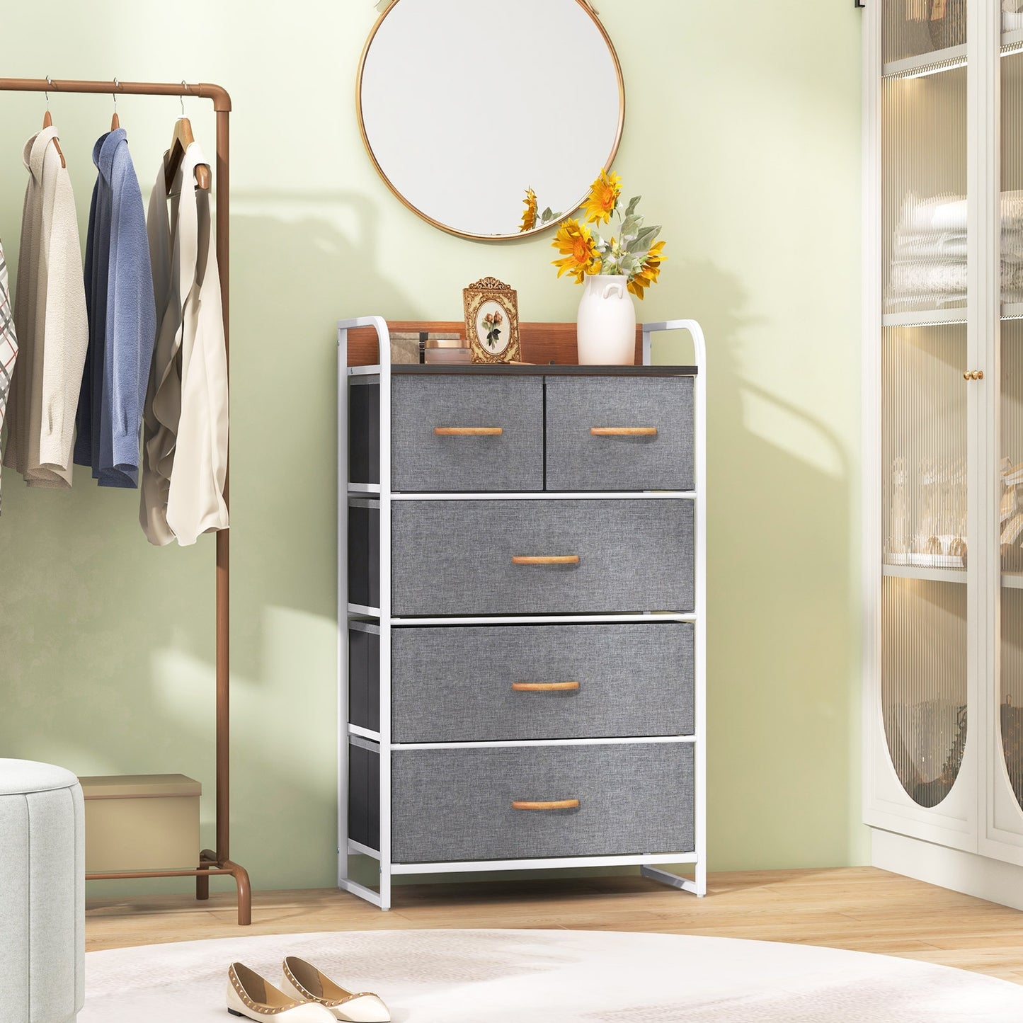5 Drawer Fabric Dresser with Wooden Top and Steel Frame Storage Tower Grey