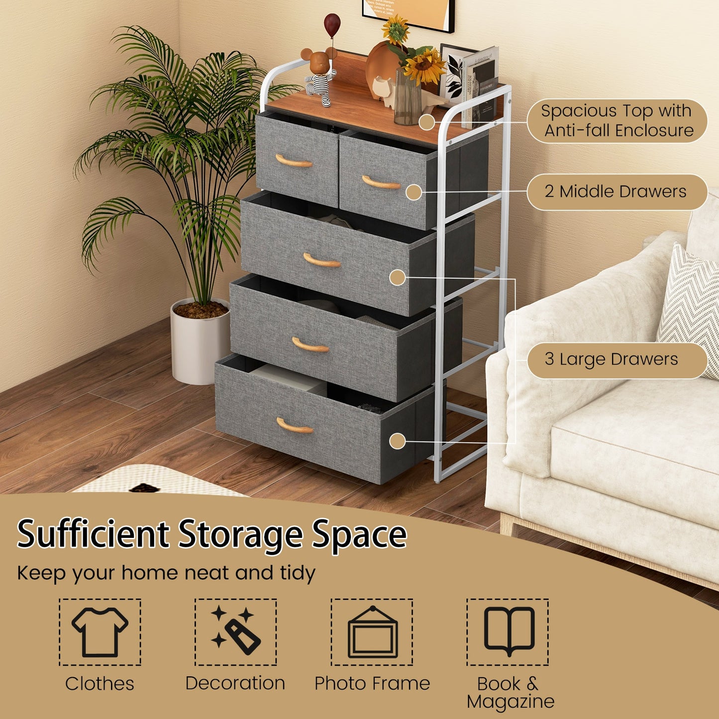 5 Drawer Fabric Dresser with Wooden Top and Steel Frame Storage Tower Grey