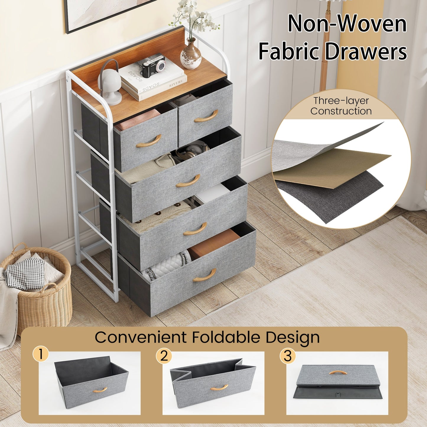 5 Drawer Fabric Dresser with Wooden Top and Steel Frame Storage Tower Grey