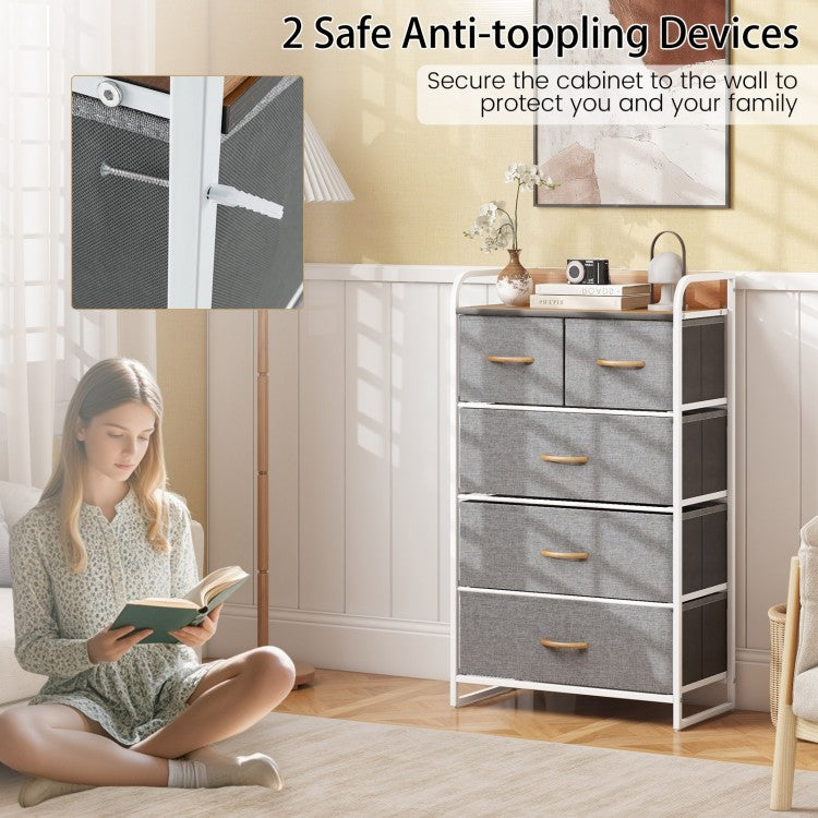 5 Drawer Fabric Dresser with Wooden Top and Steel Frame Storage Tower Grey
