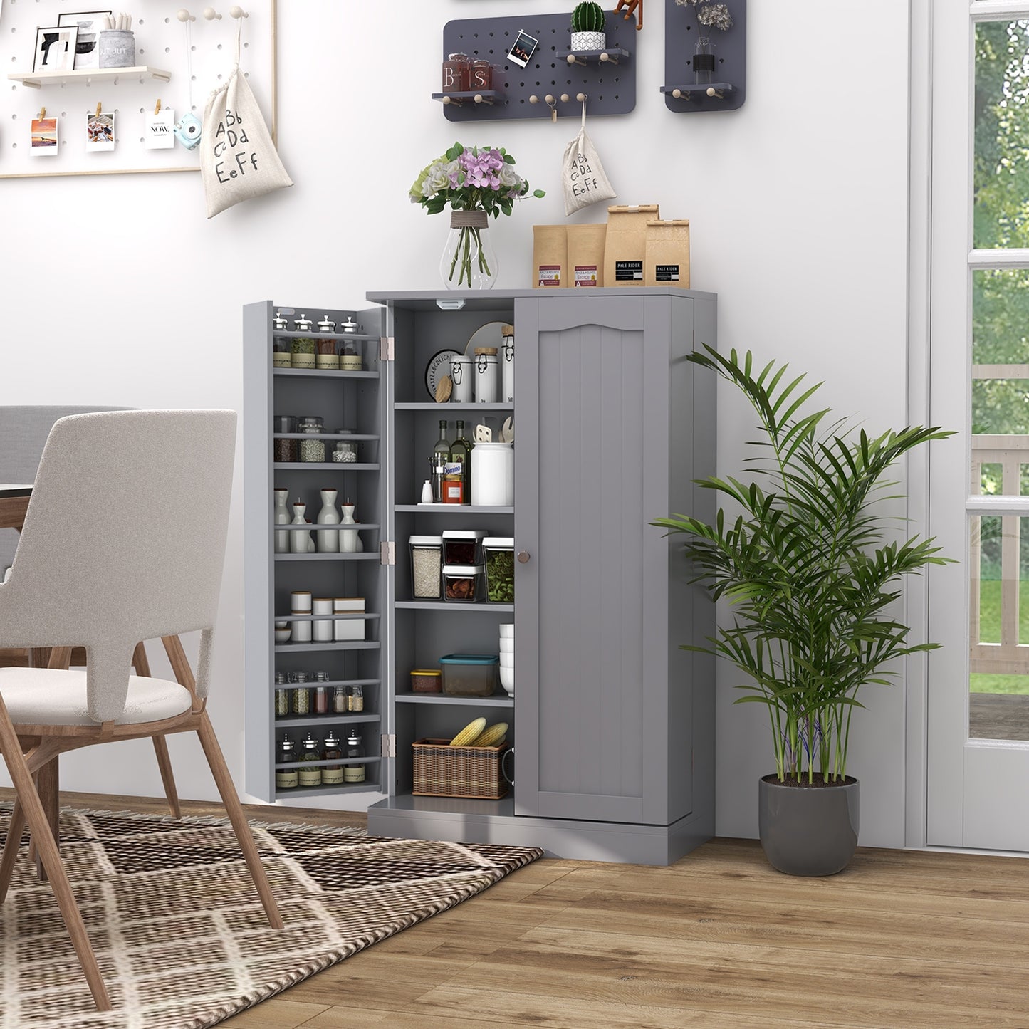 17-Tier Freestanding Kitchen Pantry Cabinet with Double Doors and Adjustable Shelves - Grey