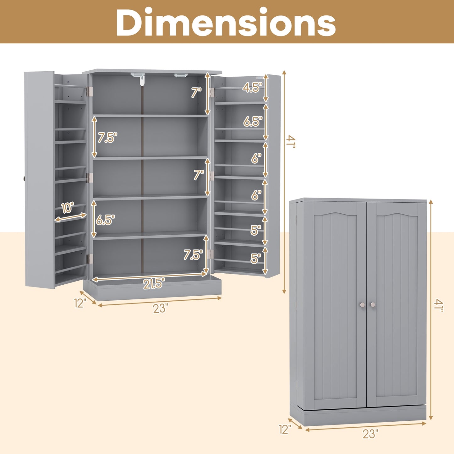 17-Tier Freestanding Kitchen Pantry Cabinet with Double Doors and Adjustable Shelves - Grey