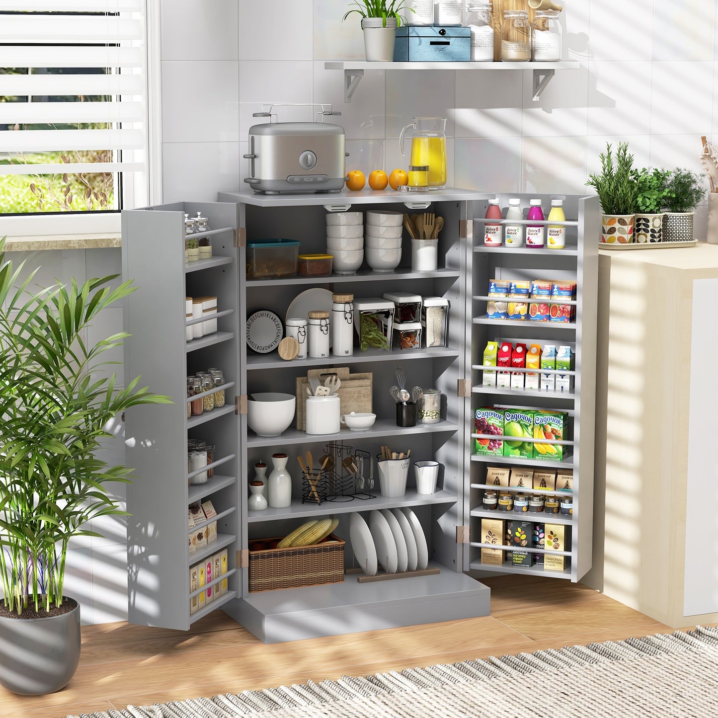17-Tier Freestanding Kitchen Pantry Cabinet with Double Doors and Adjustable Shelves - Grey
