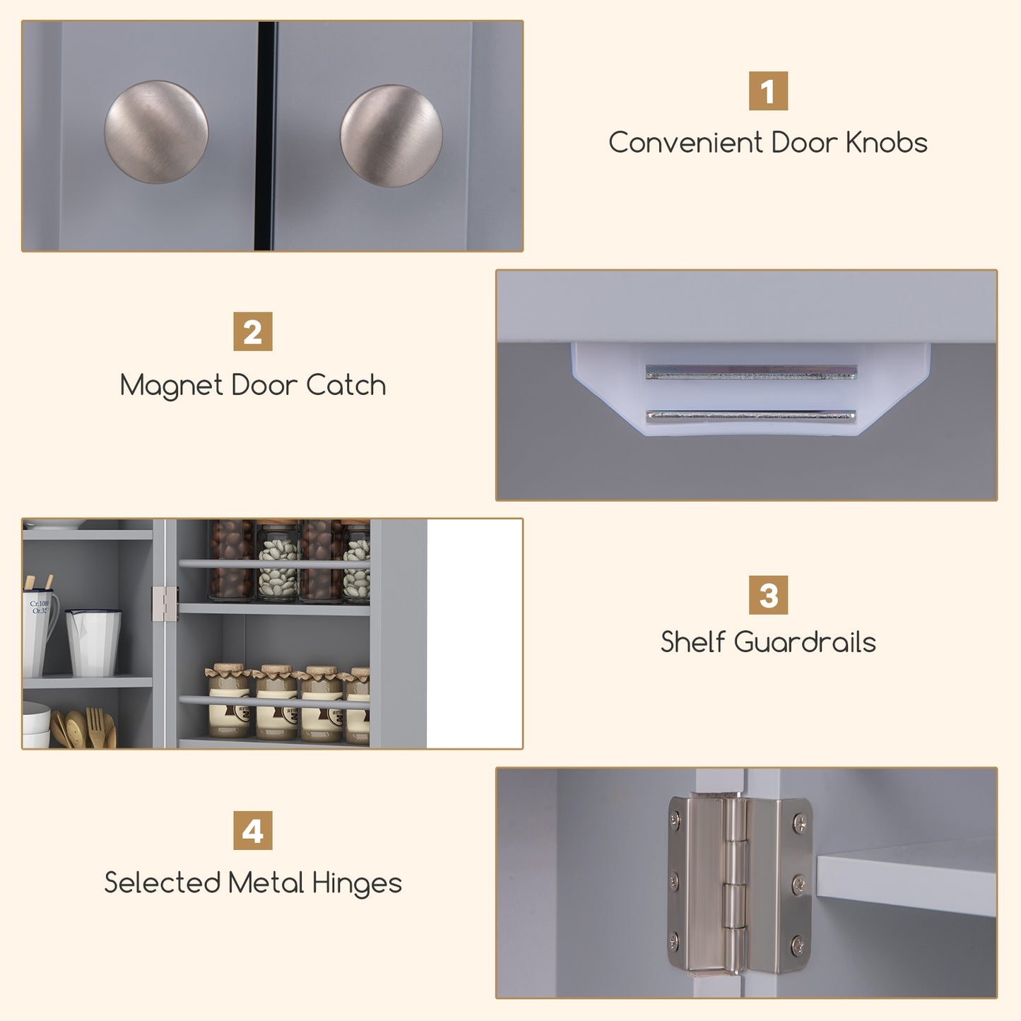 17-Tier Freestanding Kitchen Pantry Cabinet with Double Doors and Adjustable Shelves - Grey