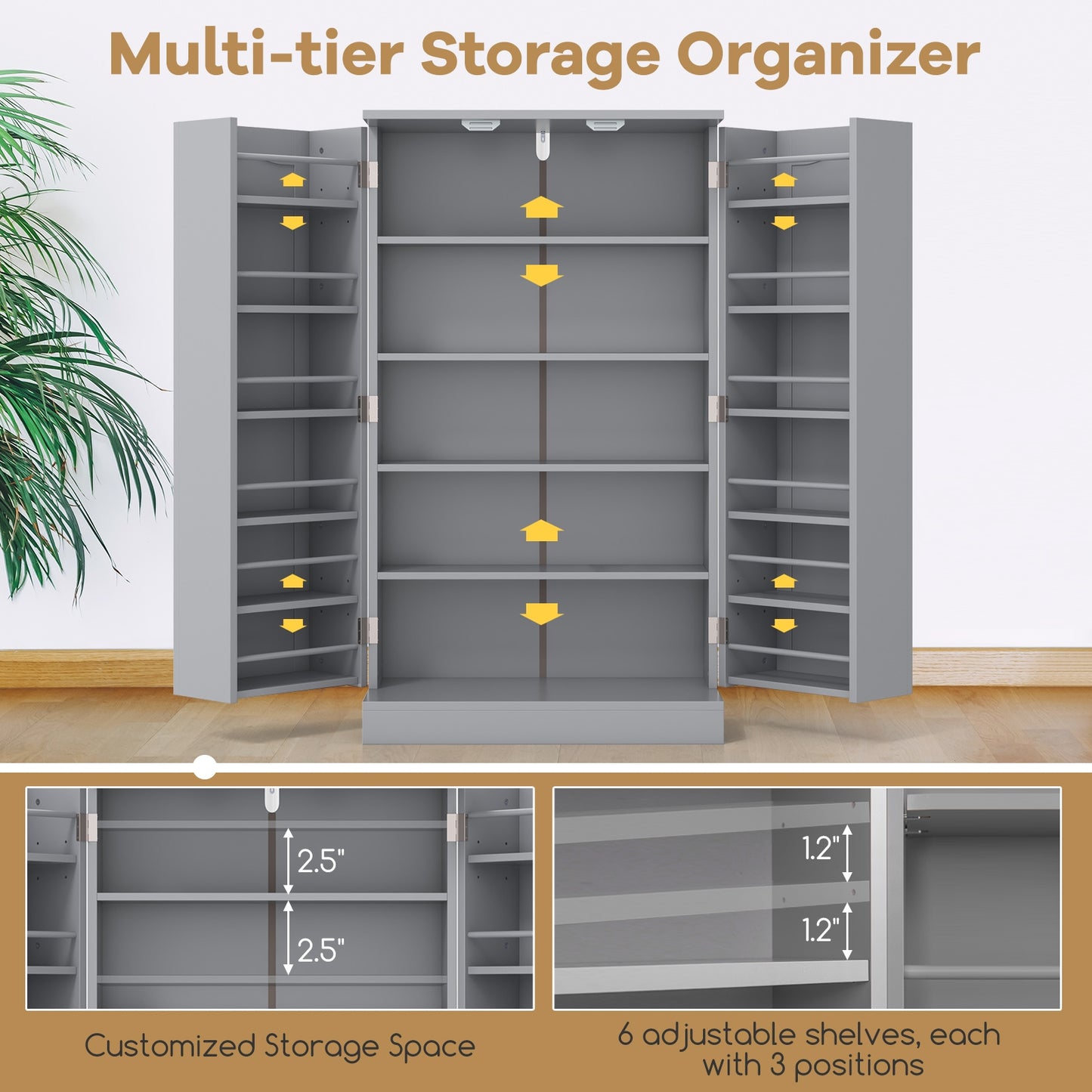 17-Tier Freestanding Kitchen Pantry Cabinet with Double Doors and Adjustable Shelves - Grey