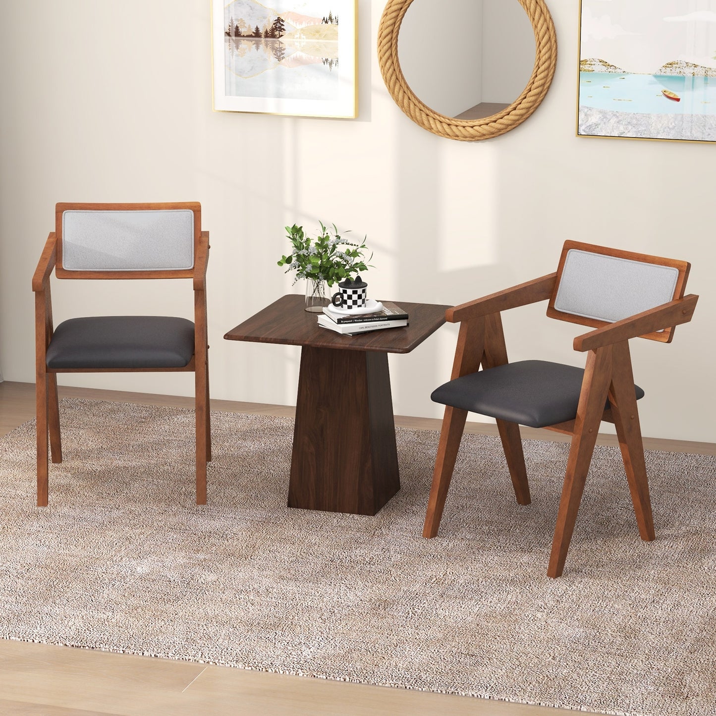 Set of 2 Mid Century Accent Chairs with Curved Sherpa Backrest and Leathaire Cushions - Walnut