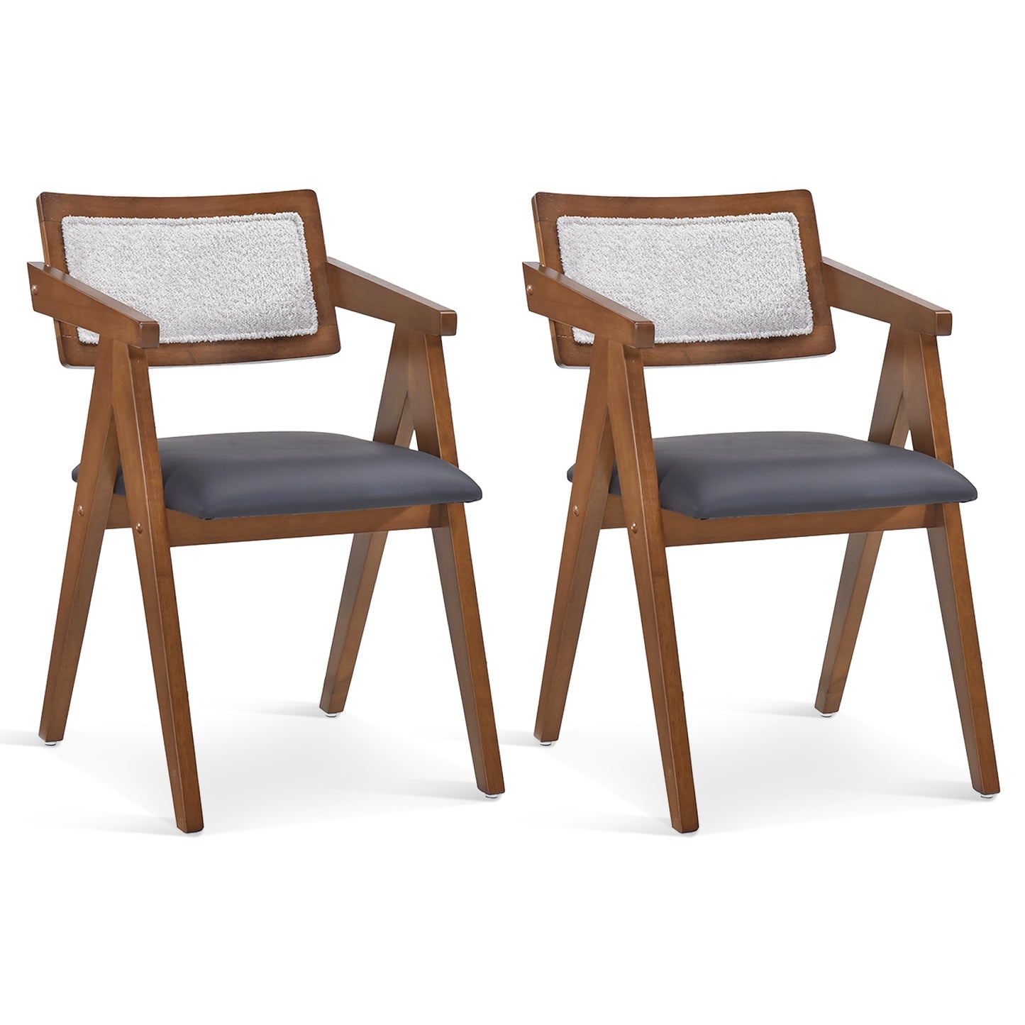 Set of 2 Mid Century Accent Chairs with Curved Sherpa Backrest and Leathaire Cushions - Walnut