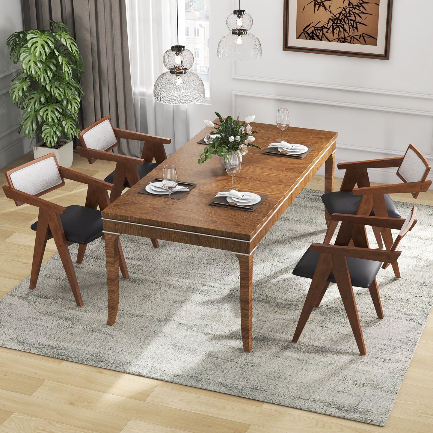 Set of 2 Mid Century Accent Chairs with Curved Sherpa Backrest and Leathaire Cushions - Walnut