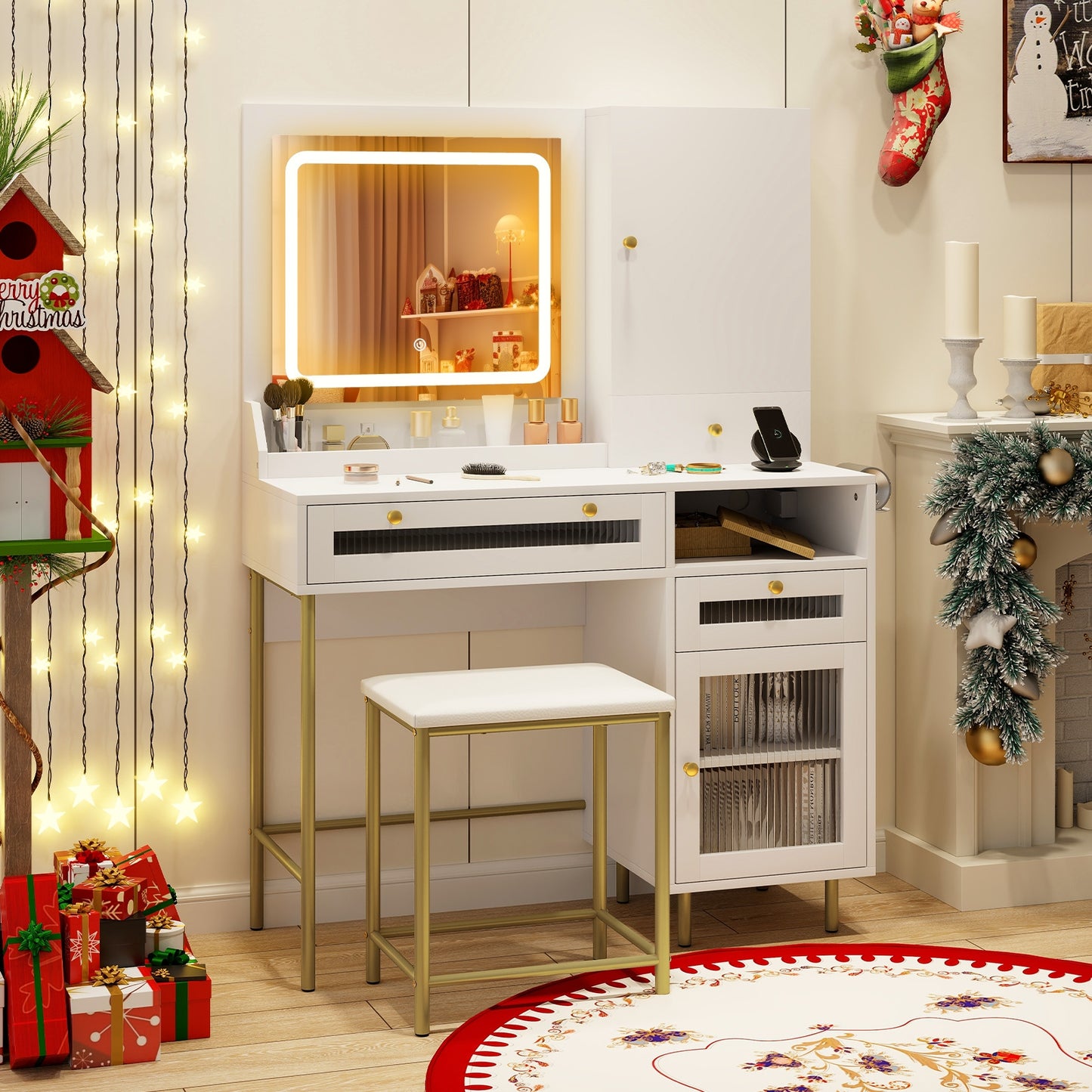 Modern Vanity Set with LED Mirror, Storage Drawers & Cushioned Stool