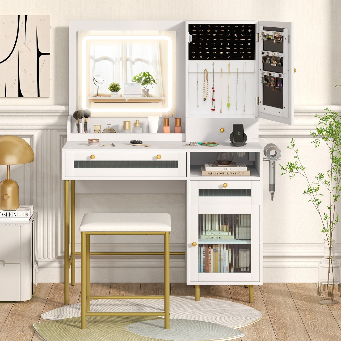 Modern Vanity Set with LED Mirror, Storage Drawers & Cushioned Stool