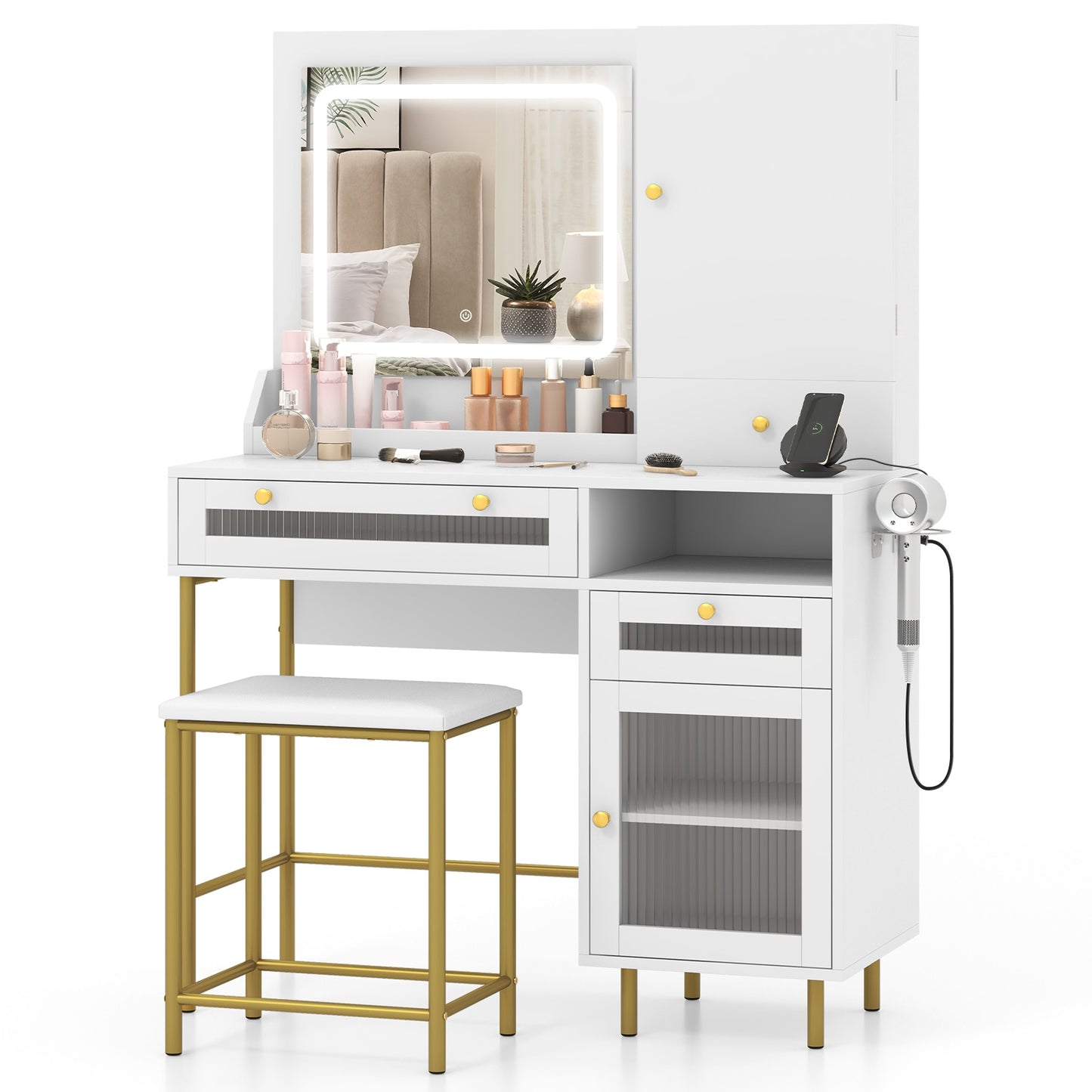 Modern Vanity Set with LED Mirror, Storage Drawers & Cushioned Stool