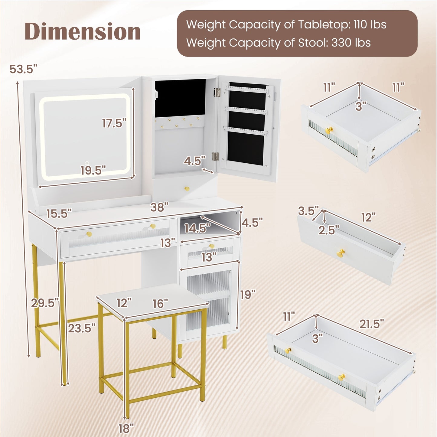 Modern Vanity Set with LED Mirror, Storage Drawers & Cushioned Stool
