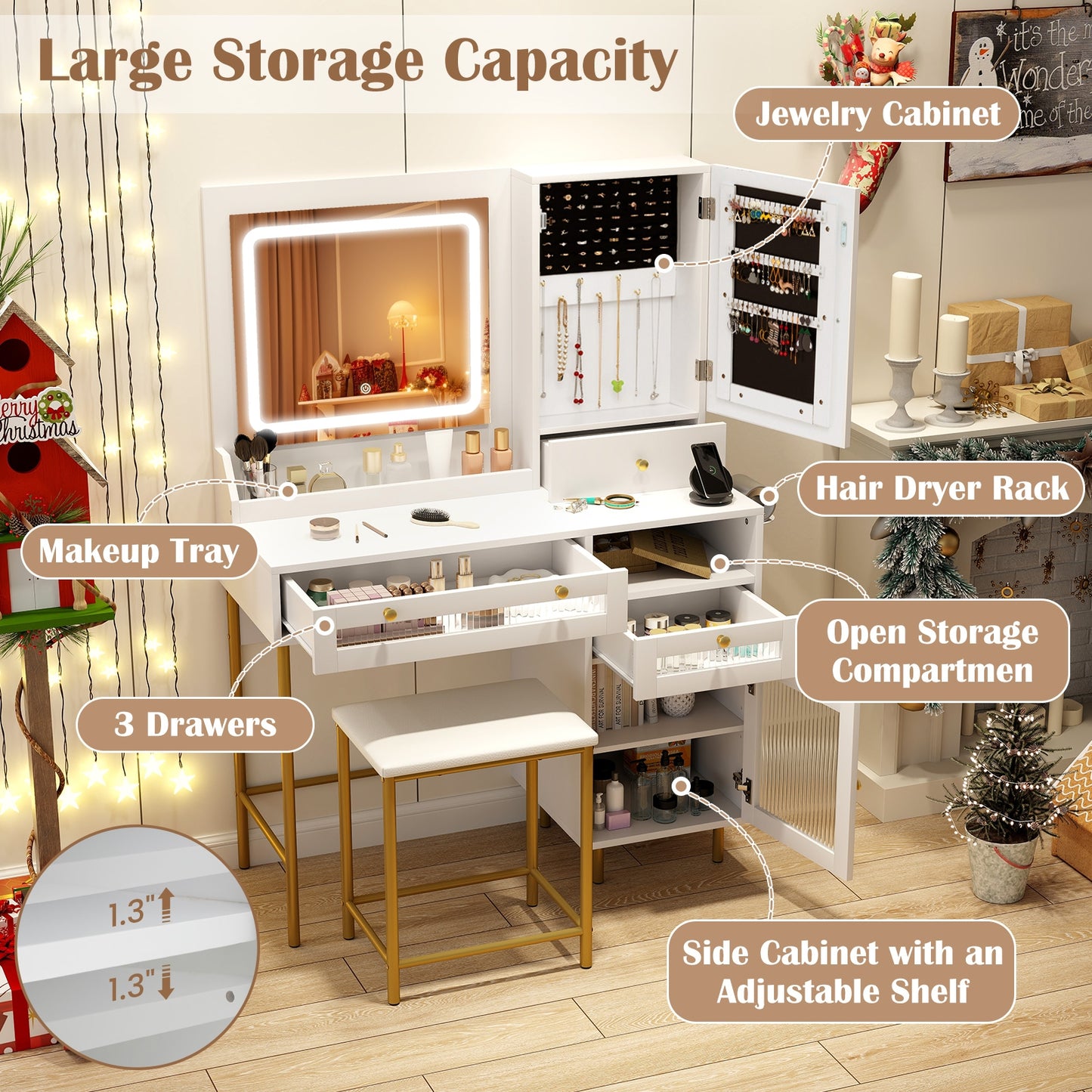 Modern Vanity Set with LED Mirror, Storage Drawers & Cushioned Stool