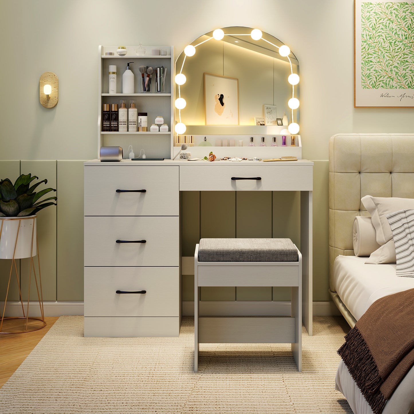 Makeup Vanity Table Set with LED Sliding Mirror, Charging Station and Cushioned Stool – White