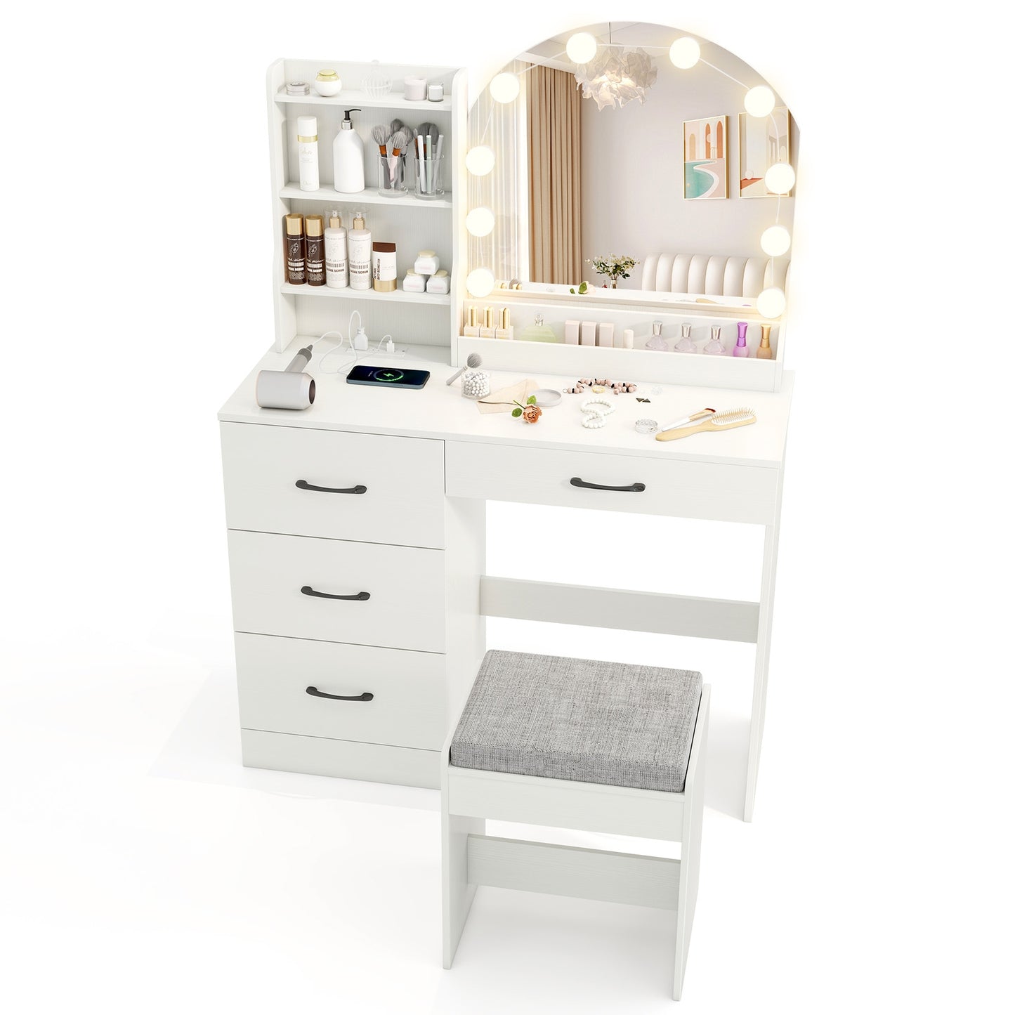 Makeup Vanity Table Set with LED Sliding Mirror, Charging Station and Cushioned Stool – White