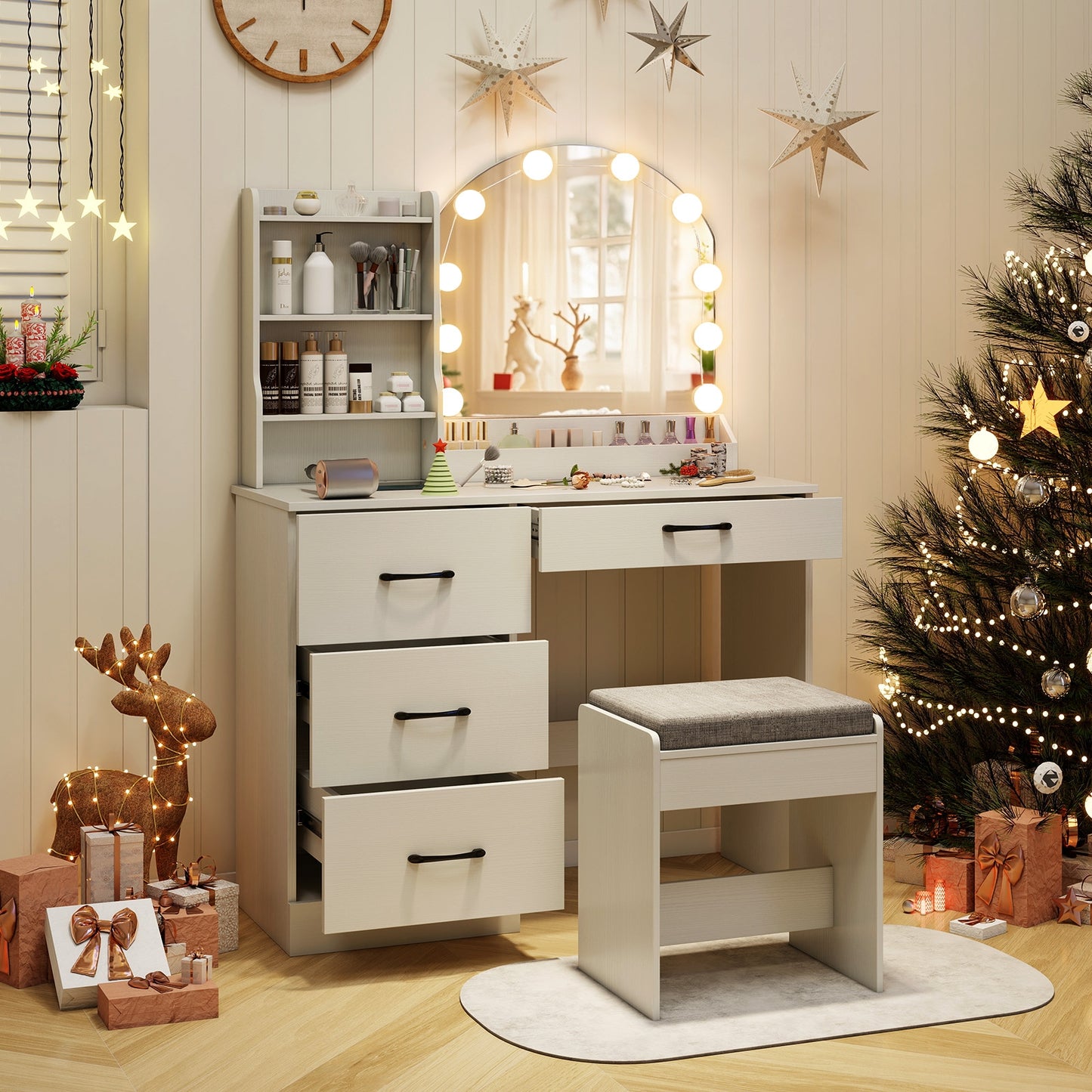 Makeup Vanity Table Set with LED Sliding Mirror, Charging Station and Cushioned Stool – White