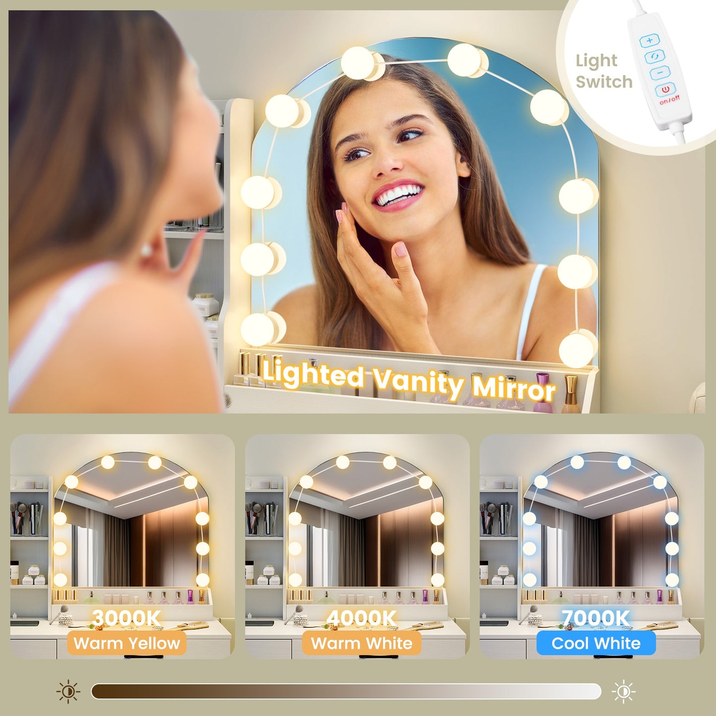 Makeup Vanity Table Set with LED Sliding Mirror, Charging Station and Cushioned Stool – White