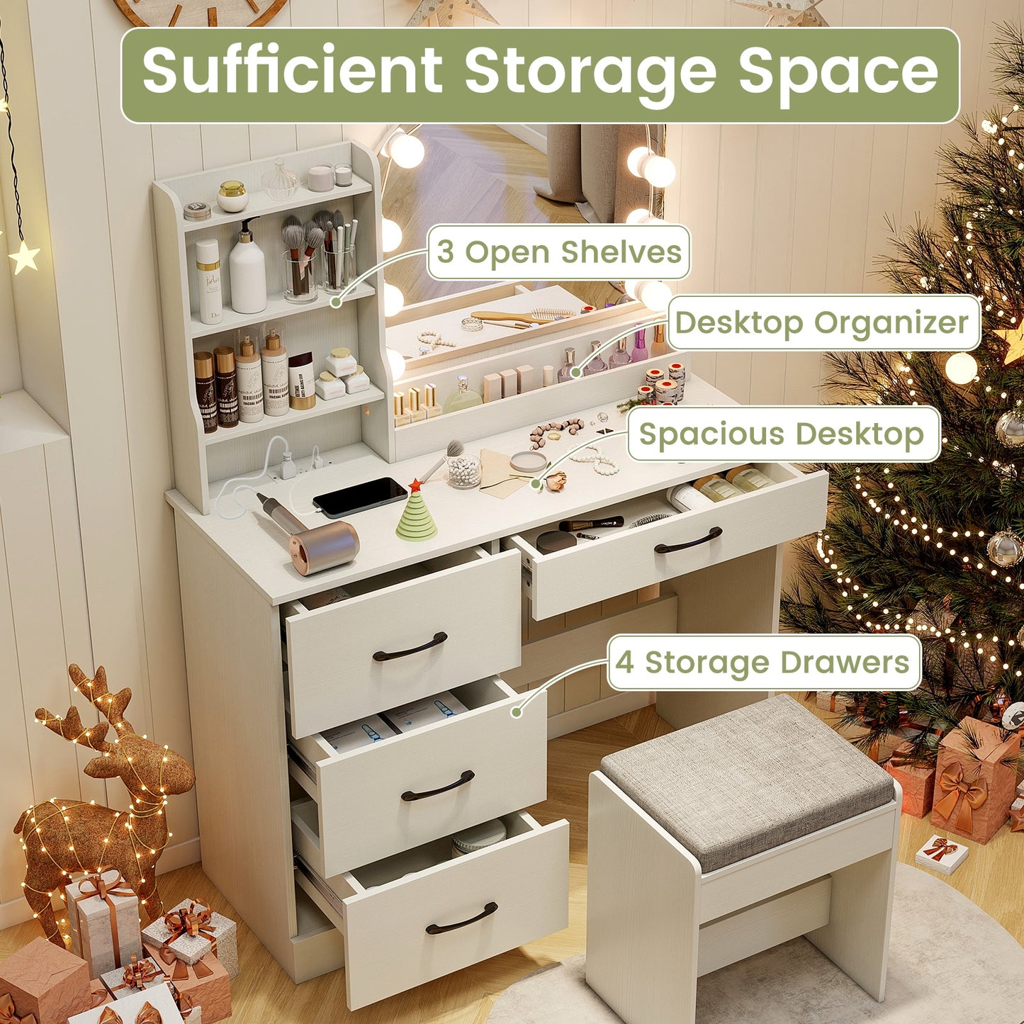 Makeup Vanity Table Set with LED Sliding Mirror, Charging Station and Cushioned Stool – White