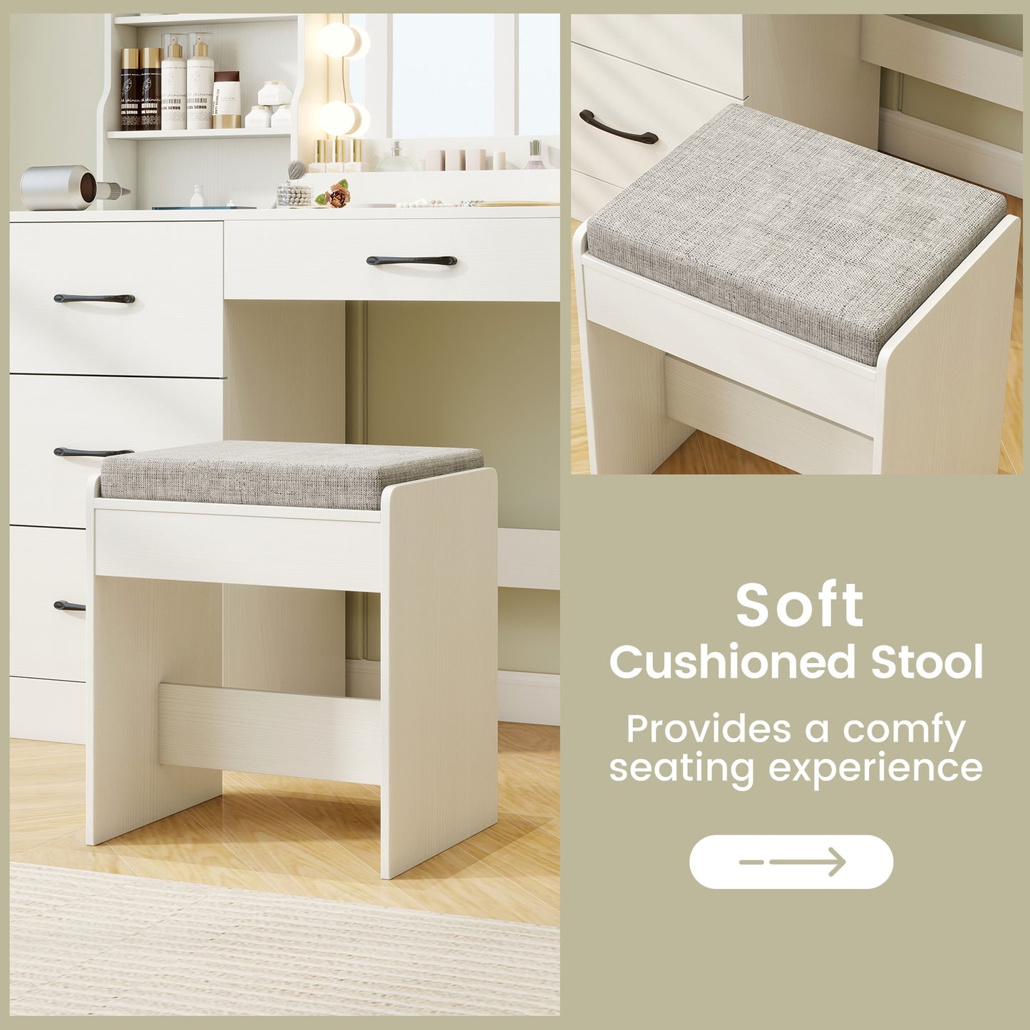 Makeup Vanity Table Set with LED Sliding Mirror, Charging Station and Cushioned Stool – White