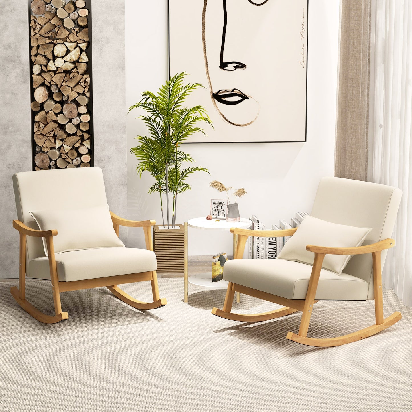 Accent Rocking Chair with Ergonomic Back and Pillow Support Beige