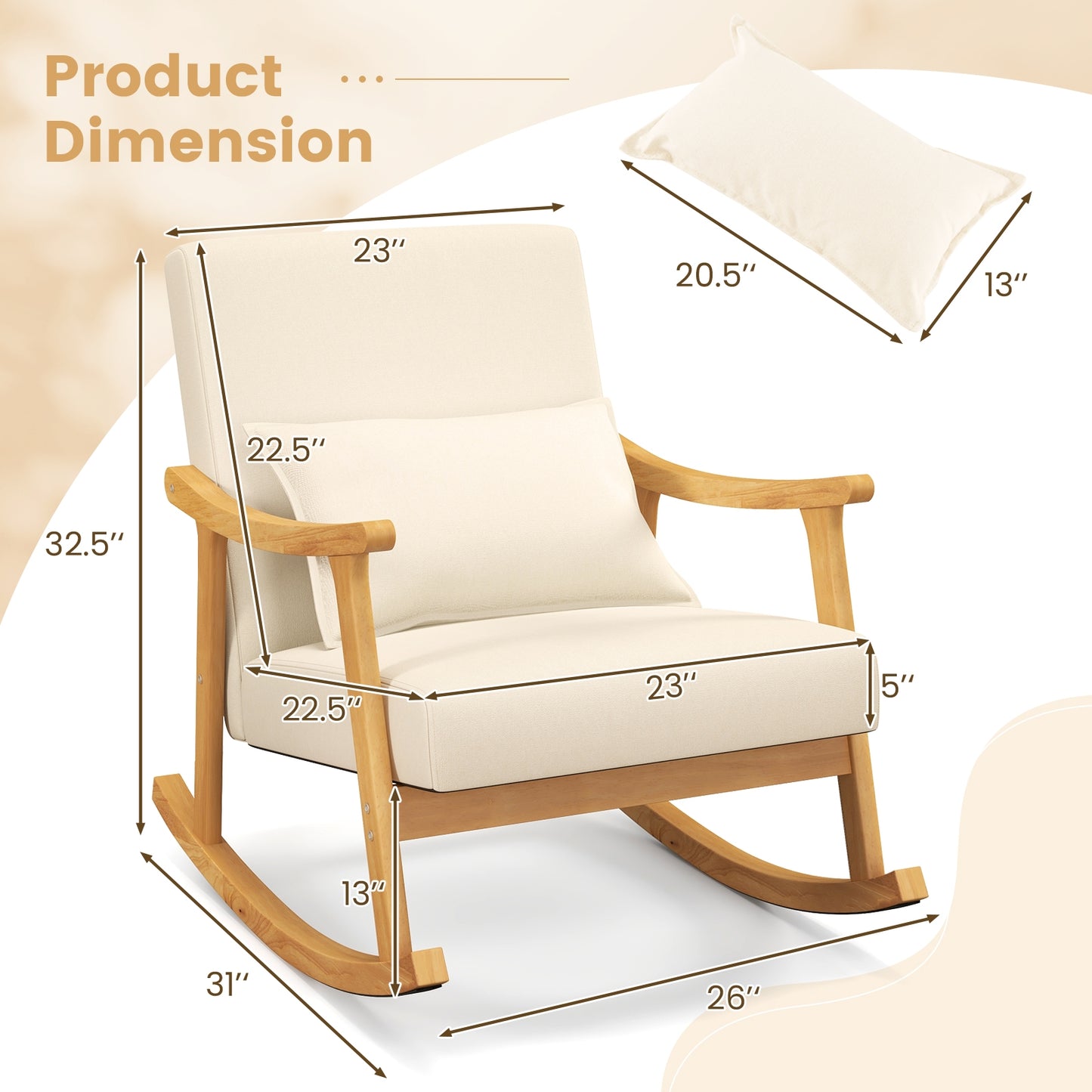 Accent Rocking Chair with Ergonomic Back and Pillow Support Beige