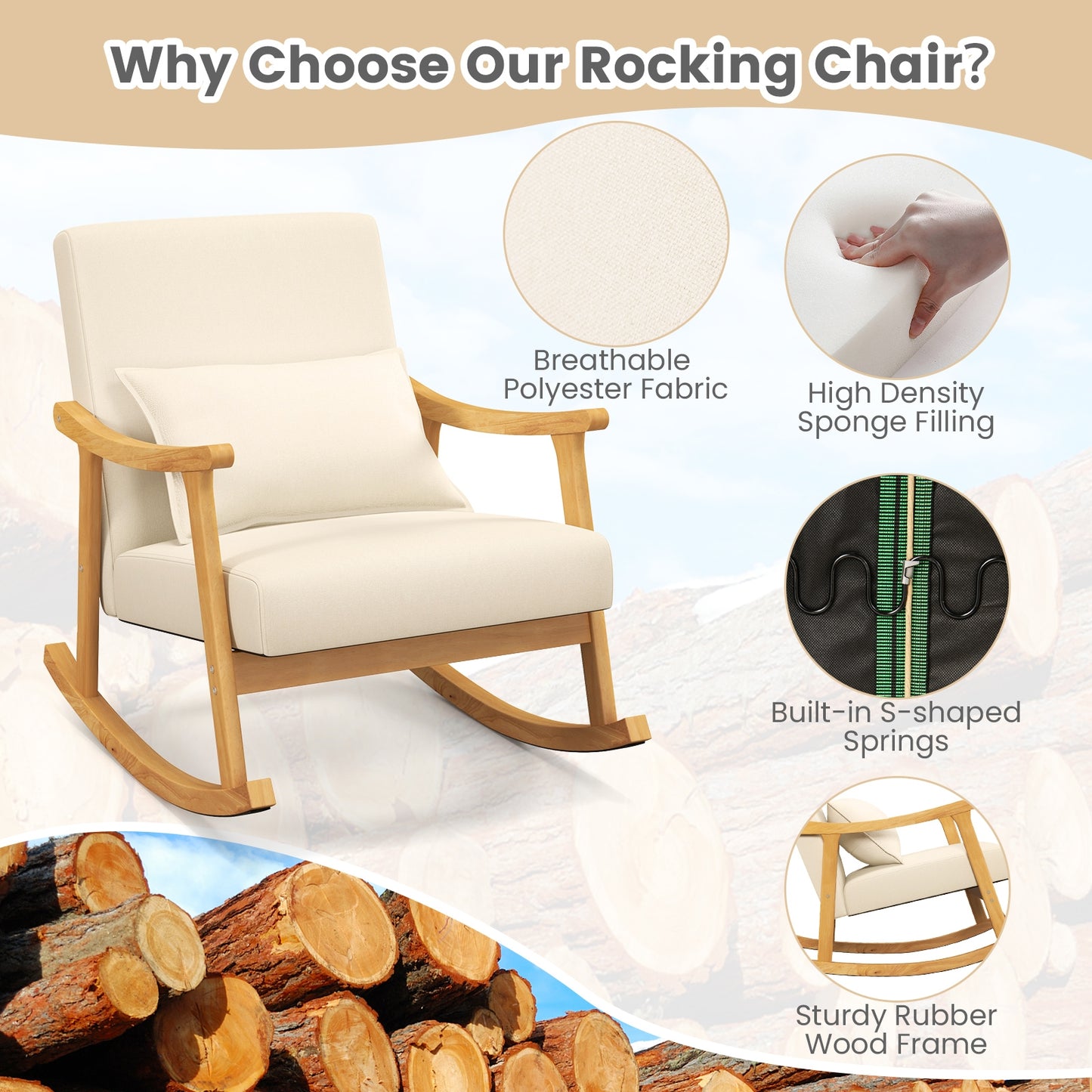 Accent Rocking Chair with Ergonomic Back and Pillow Support Beige