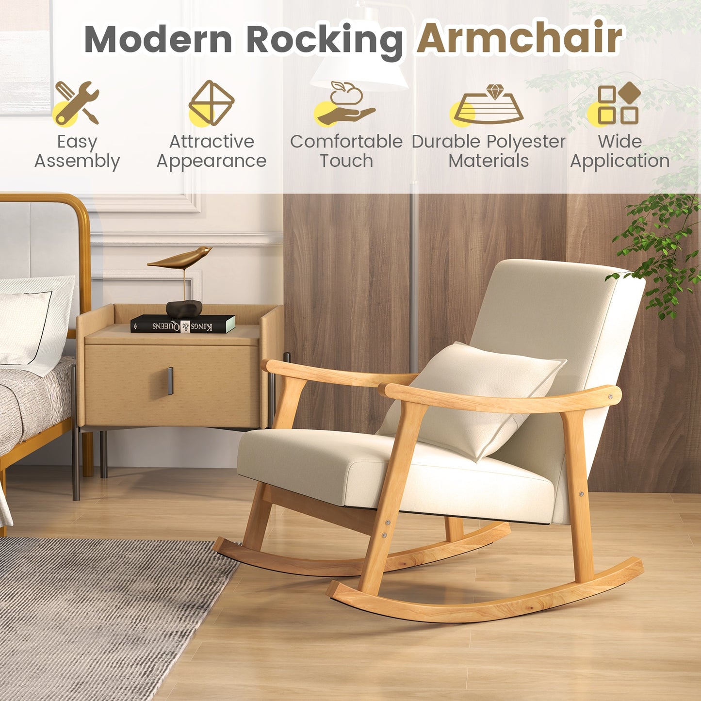 Accent Rocking Chair with Ergonomic Back and Pillow Support Beige