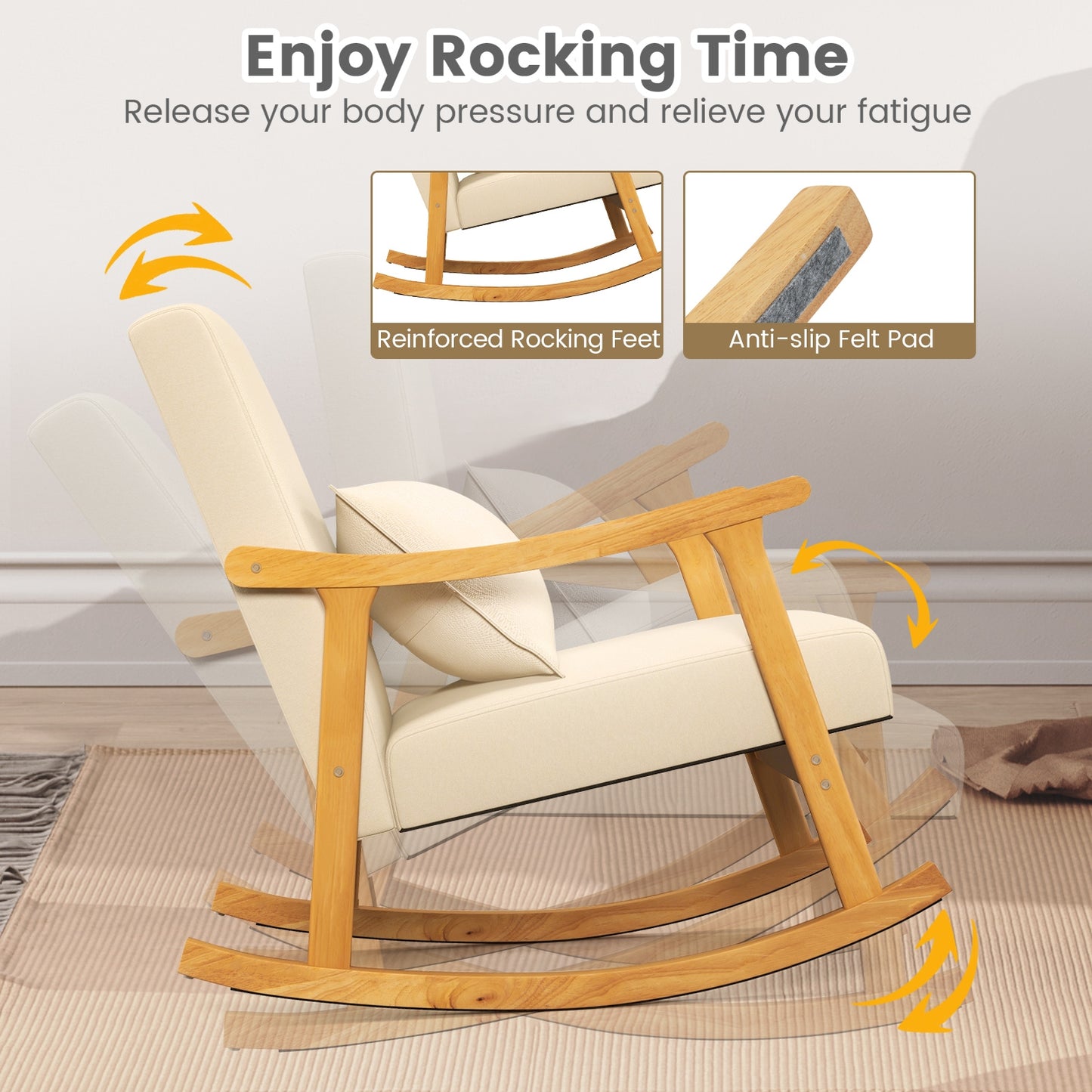 Accent Rocking Chair with Ergonomic Back and Pillow Support Beige