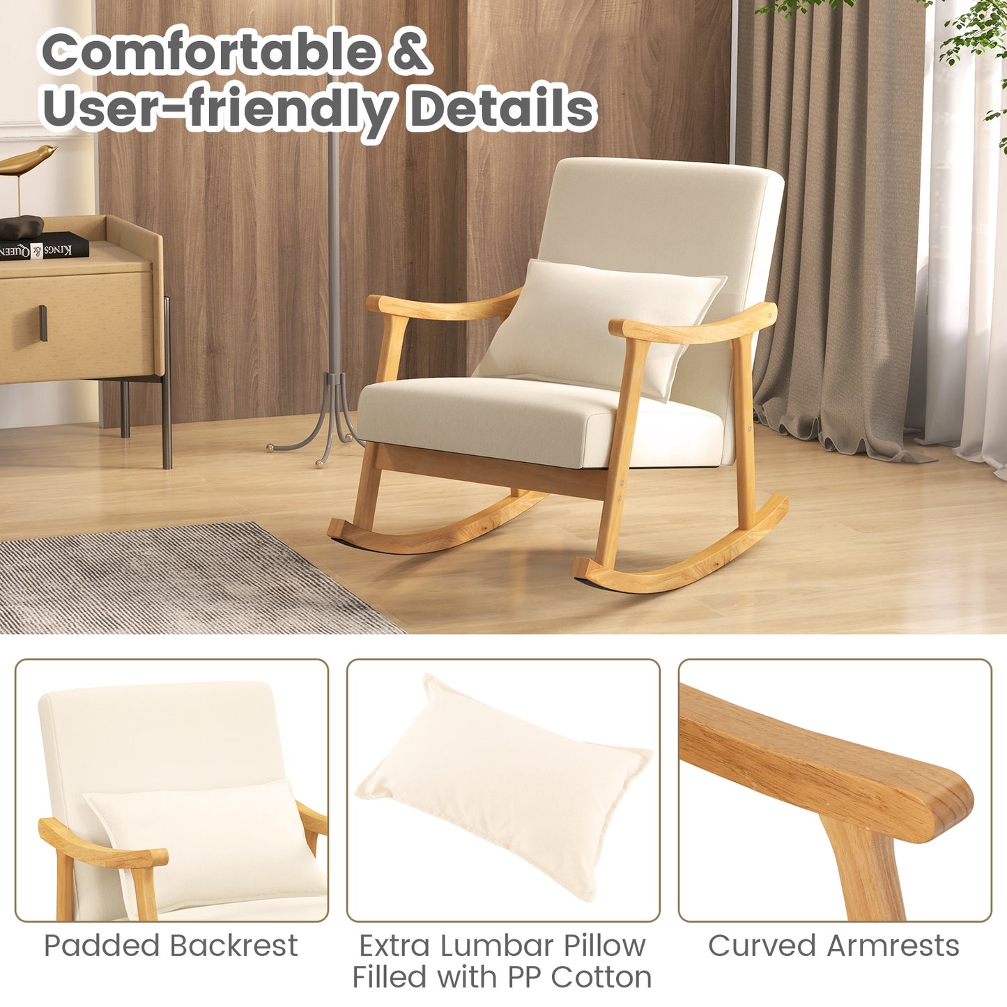 Accent Rocking Chair with Ergonomic Back and Pillow Support Beige